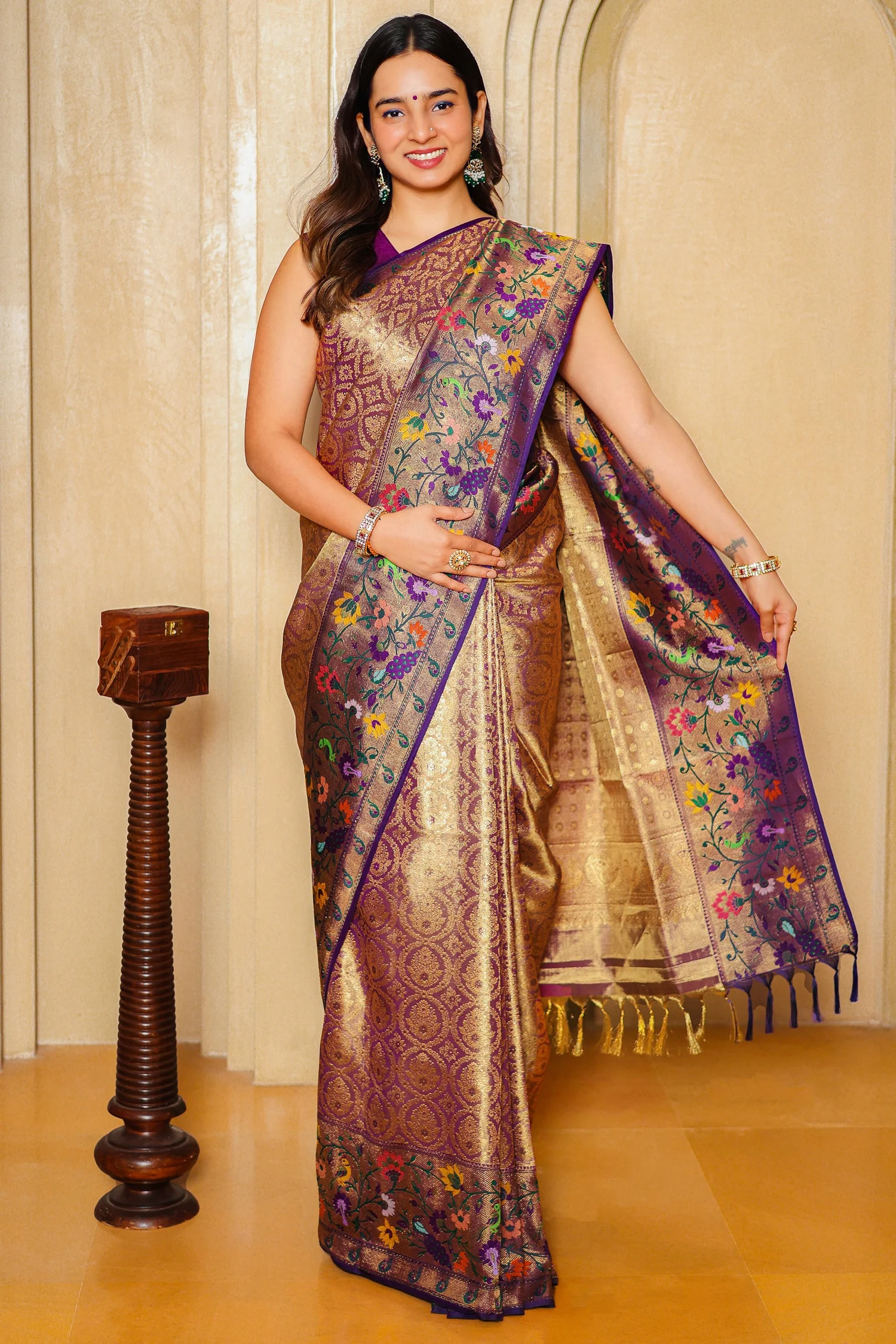 Golden and Purple Tissue Silk Woven Saree with Paithani Border and Pallu - Image 2