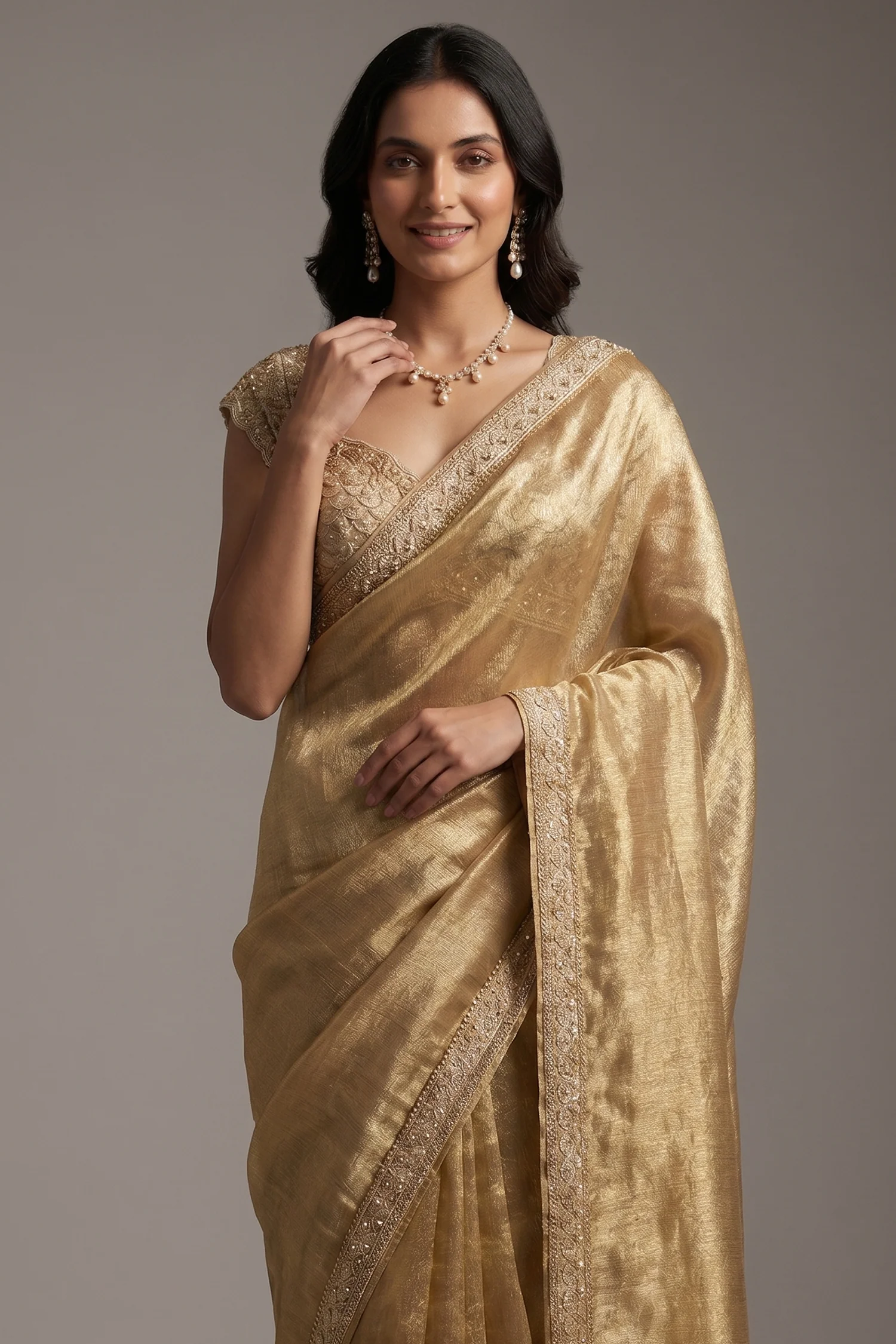 Golden and Silver Tissue Silk Saree with Designer Readymade Blouse - Image 2