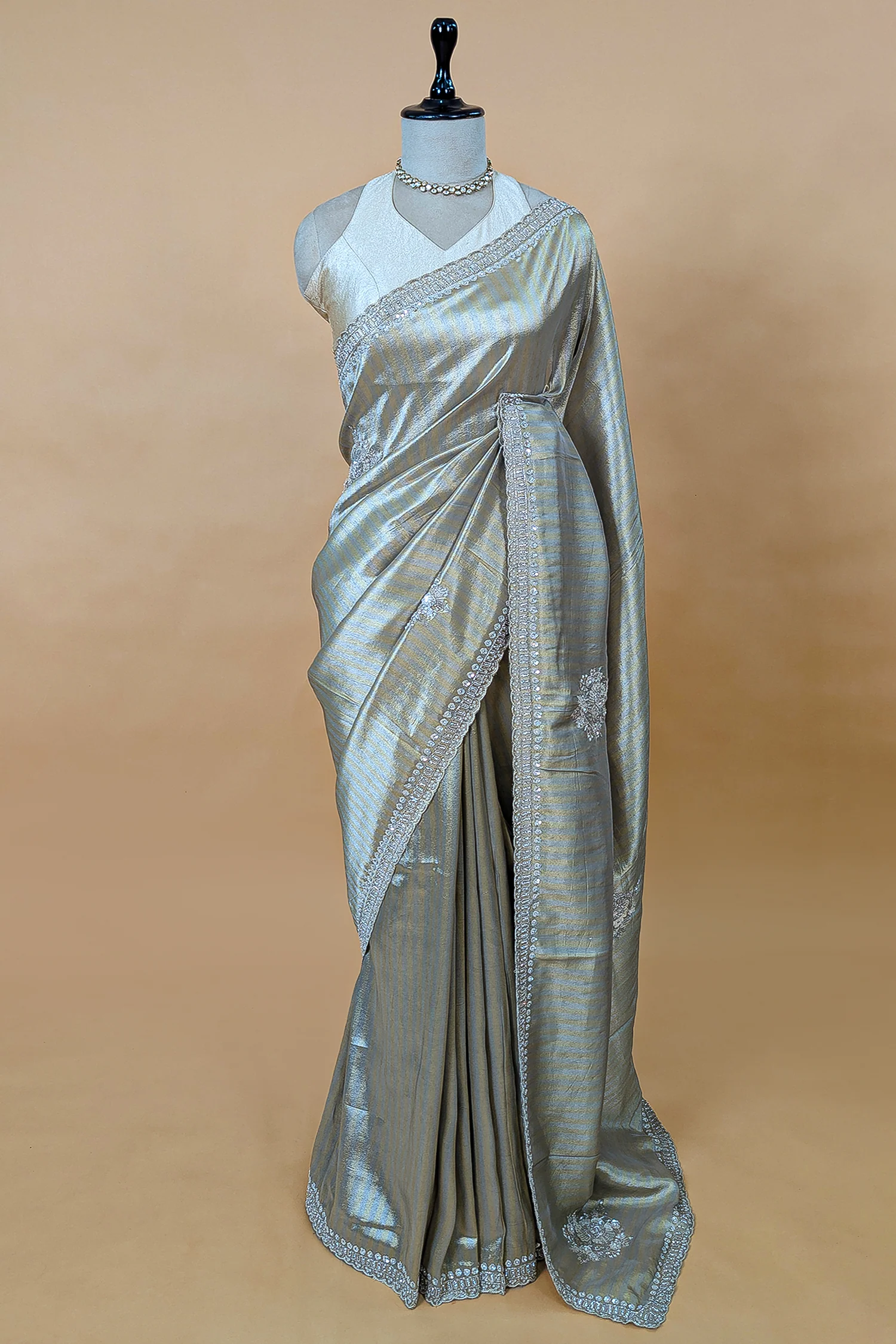 Golden and Silver Tissue Silk Stripe Saree with Sequin and Bead Work - Image 3