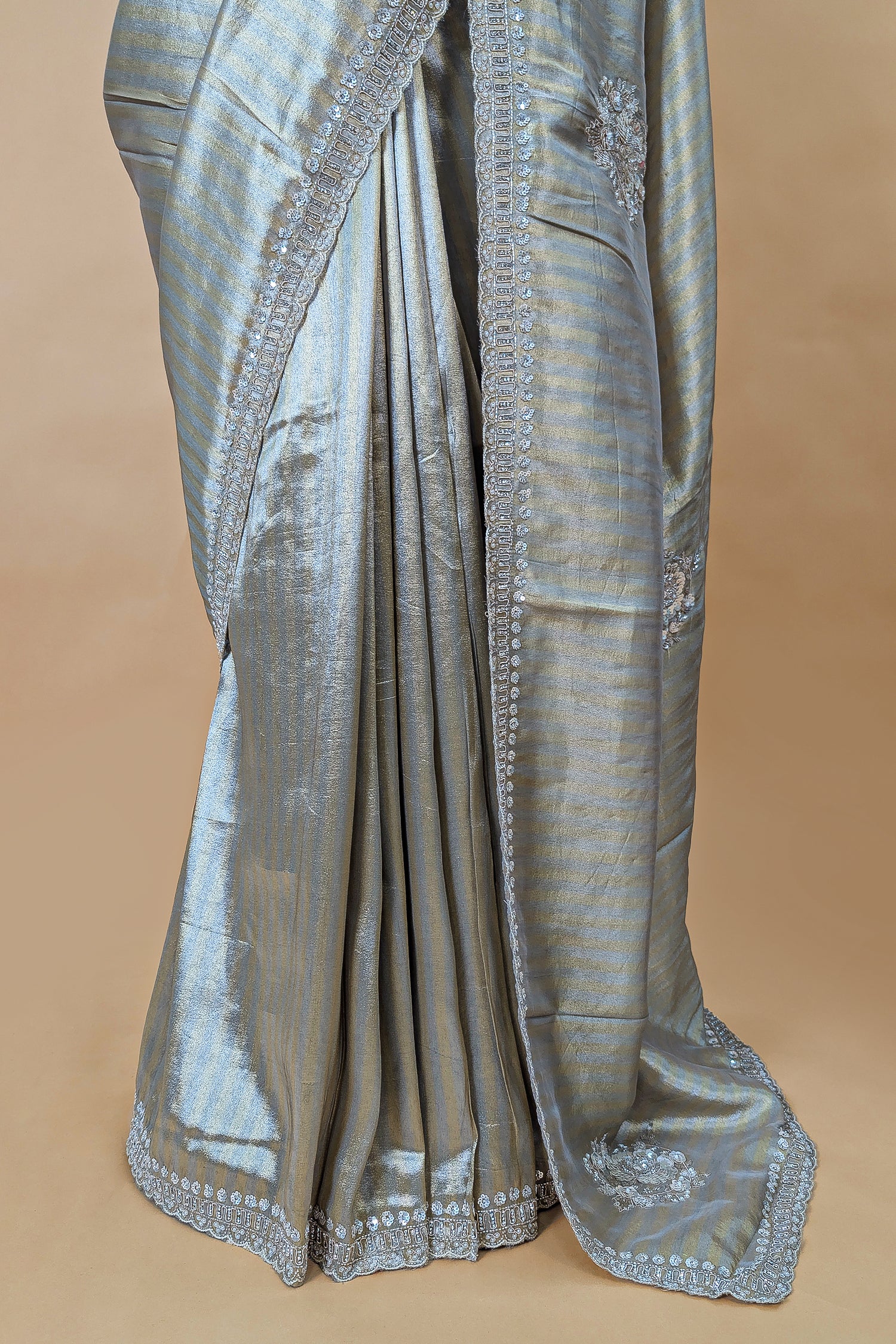 Golden and Silver Tissue Silk Stripe Saree with Sequin and Bead Work - Image 5