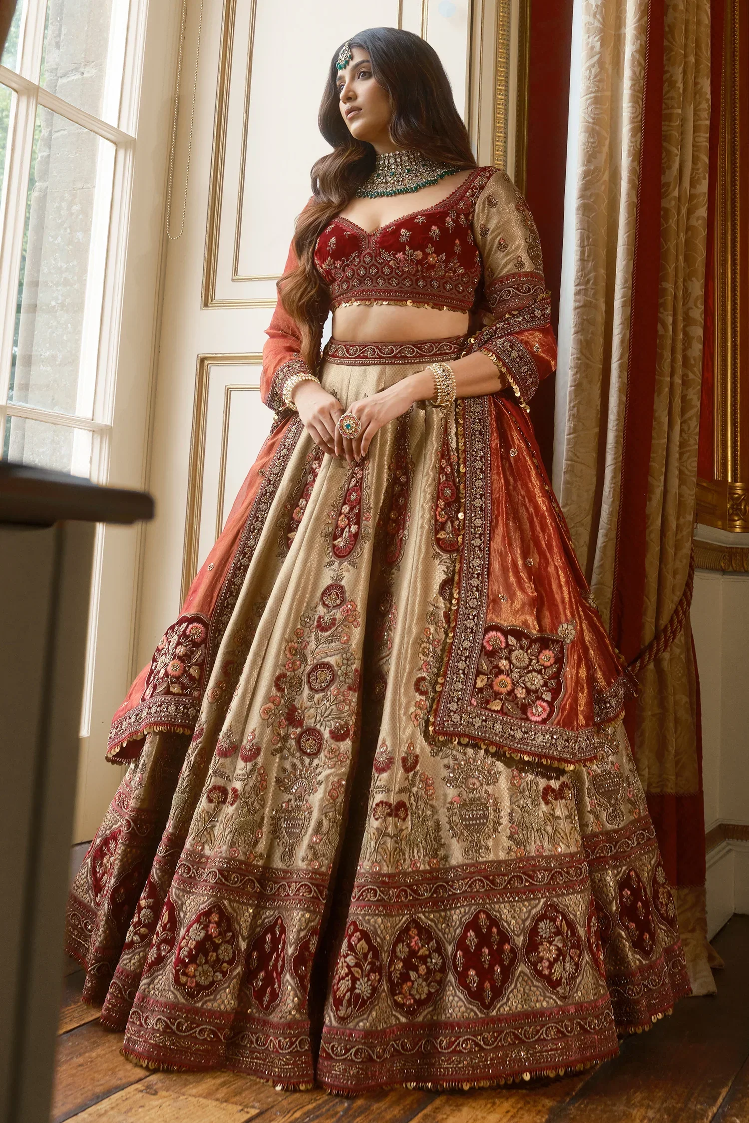 Golden Designer Velvet Patch Work Lehenga in Banarasi Silk with Zardosi - Image 2