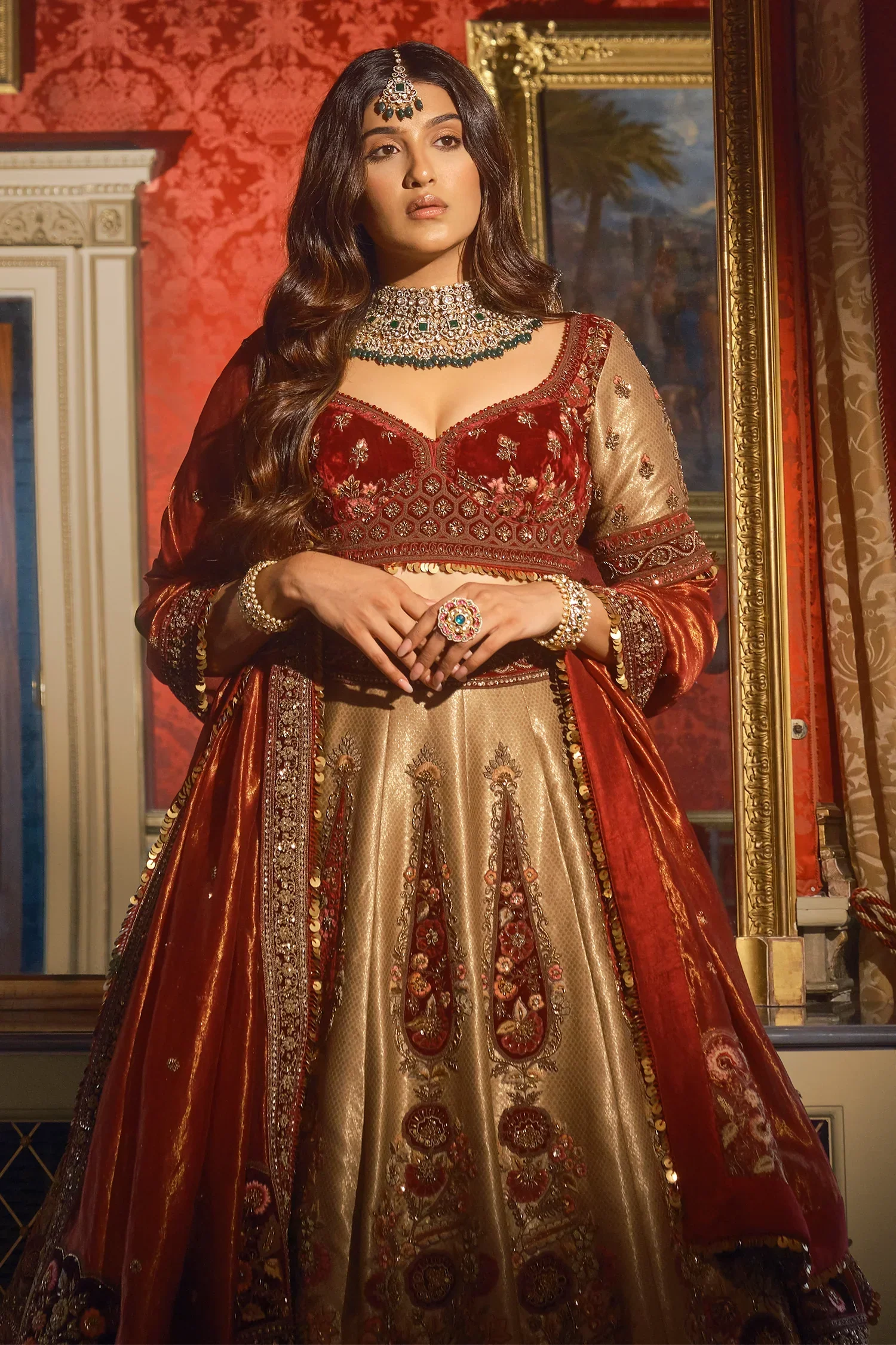 Golden Designer Velvet Patch Work Lehenga in Banarasi Silk with Zardosi - Image 3