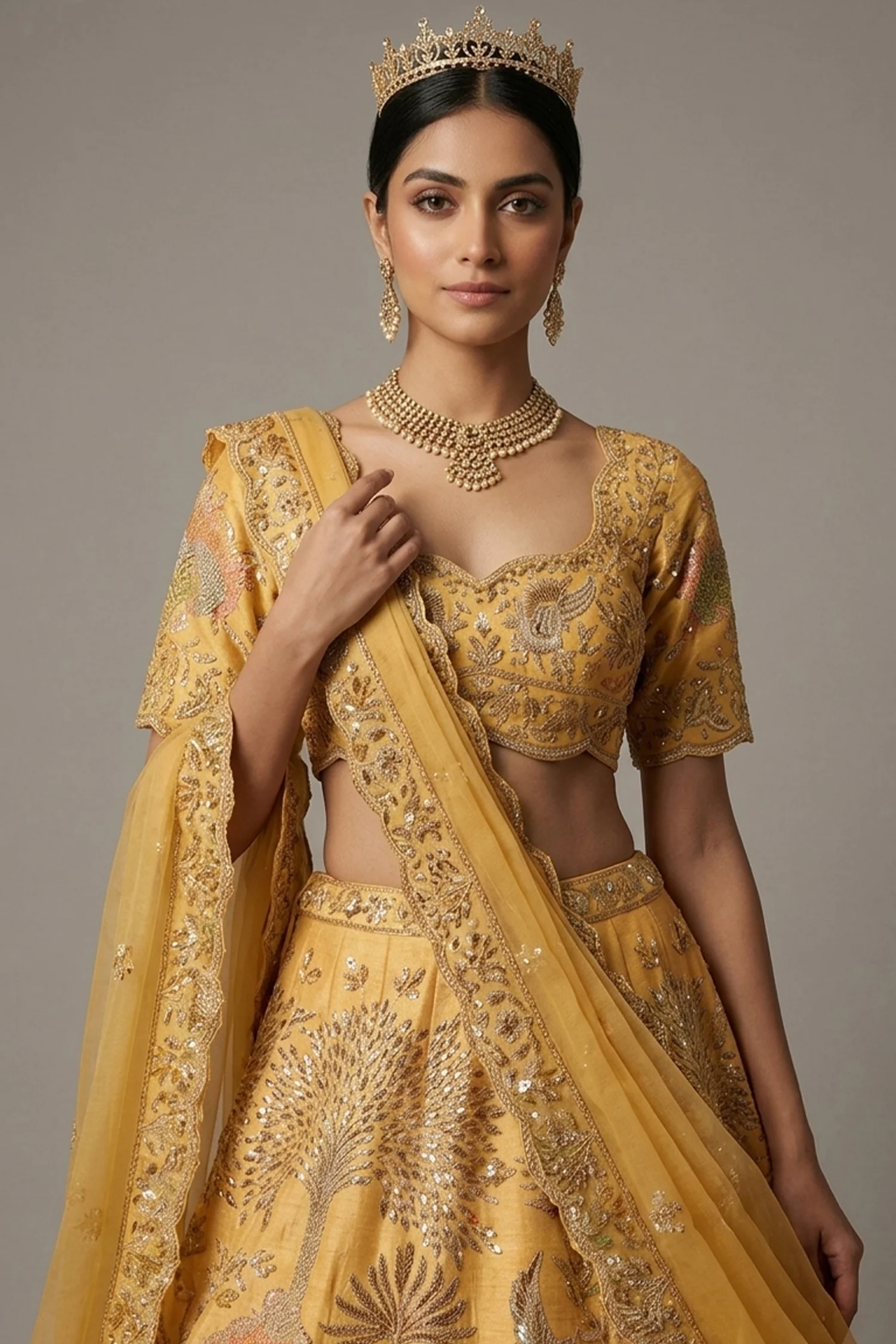 Golden Embellished Silk Sequin and Embroidered Work Lehenga - Image 2