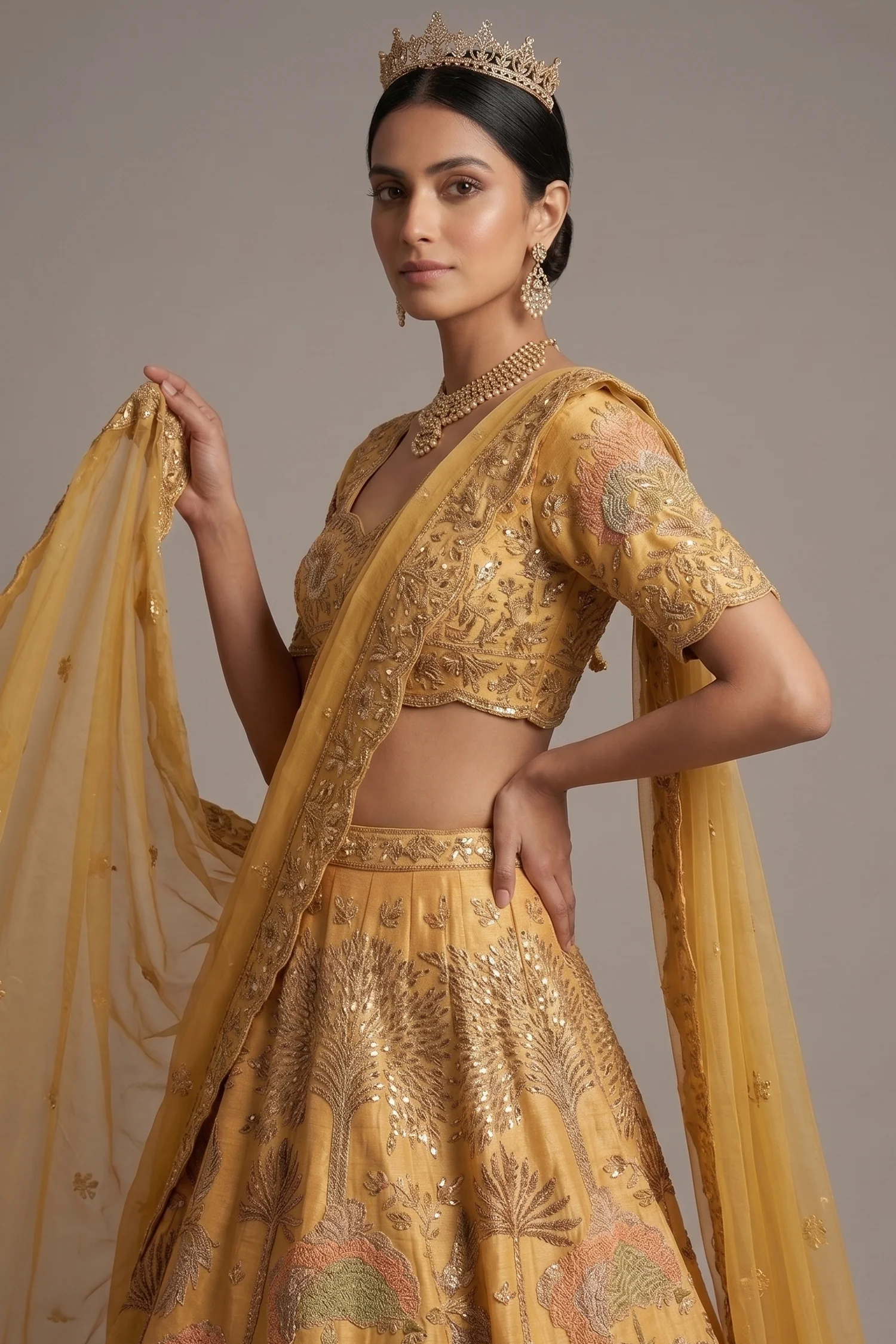 Golden Embellished Silk Sequin and Embroidered Work Lehenga - Image 3