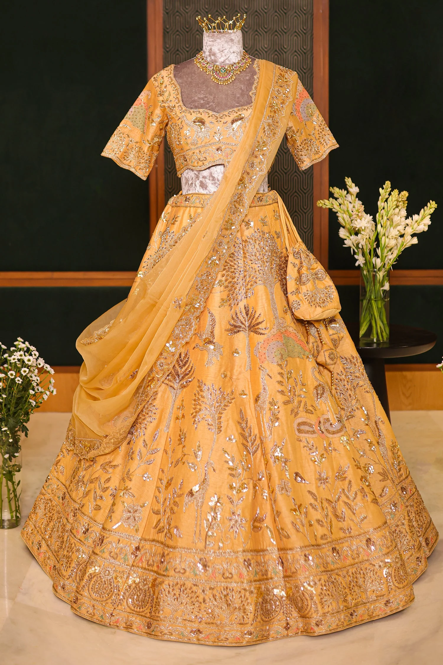 Golden Embellished Silk Sequin and Embroidered Work Lehenga - Image 4