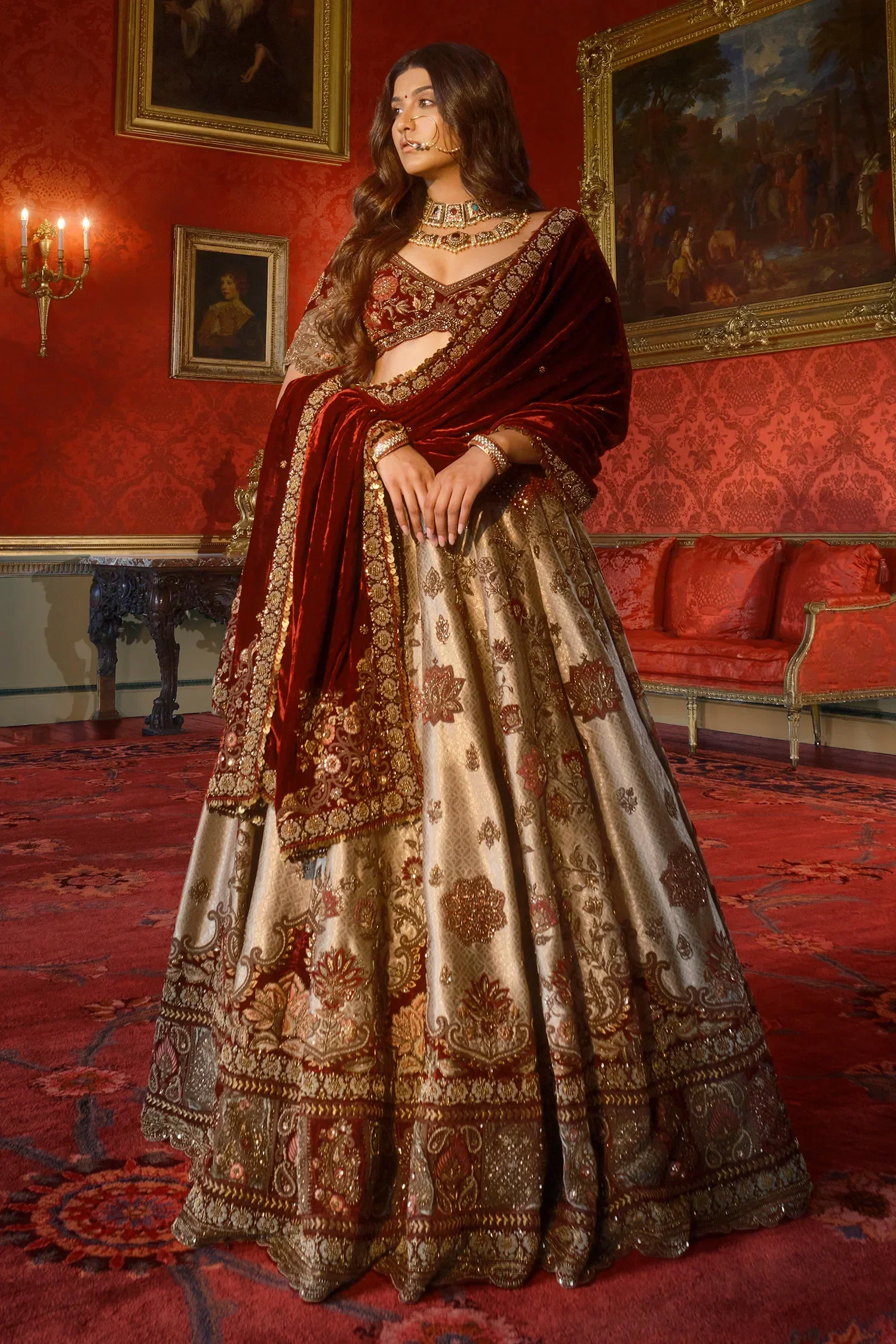 Golden Heavy Worked Lehenga in Banarasi Silk with Velvet Patch Work - Image 2
