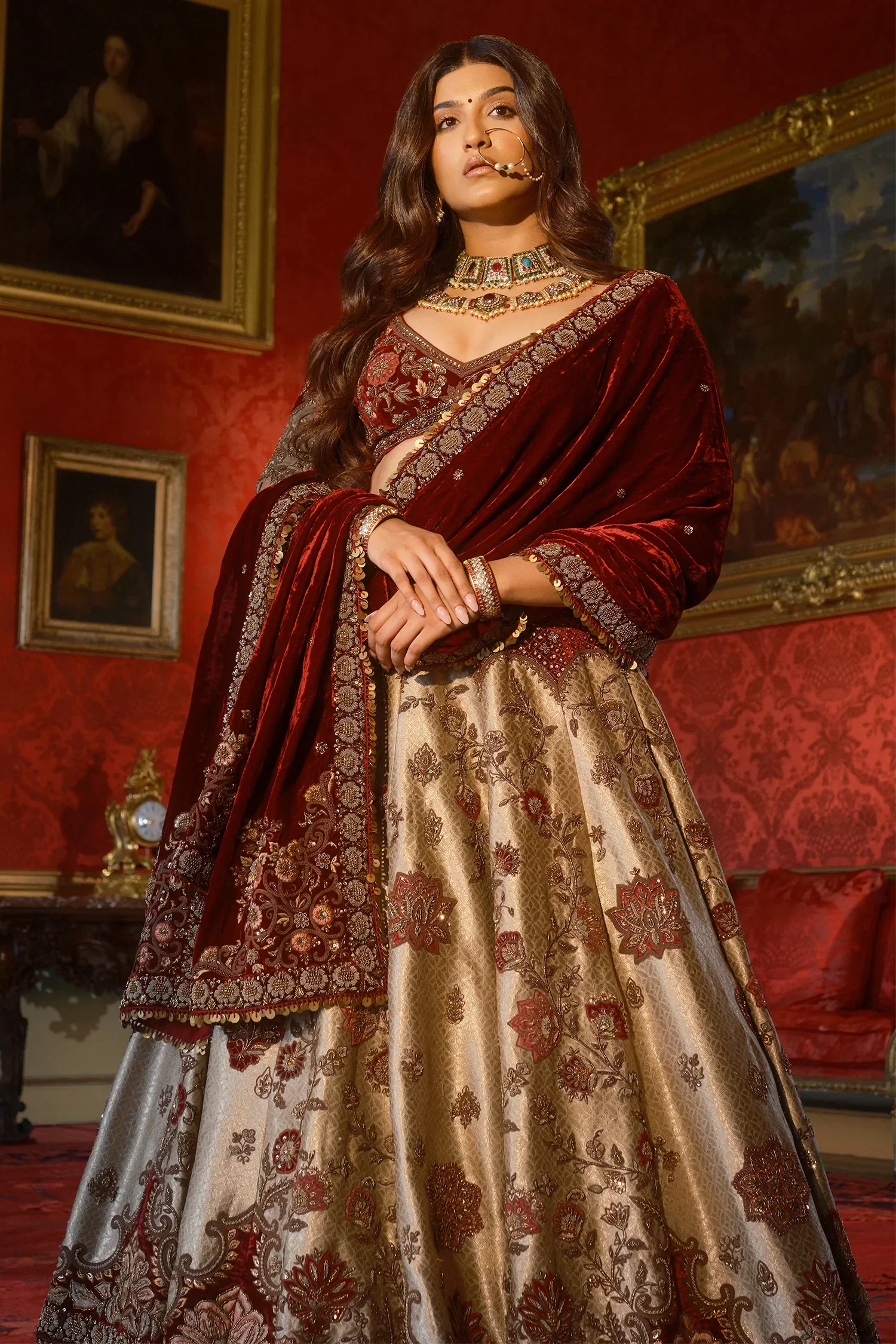 Golden Heavy Worked Lehenga in Banarasi Silk with Velvet Patch Work - Image 3