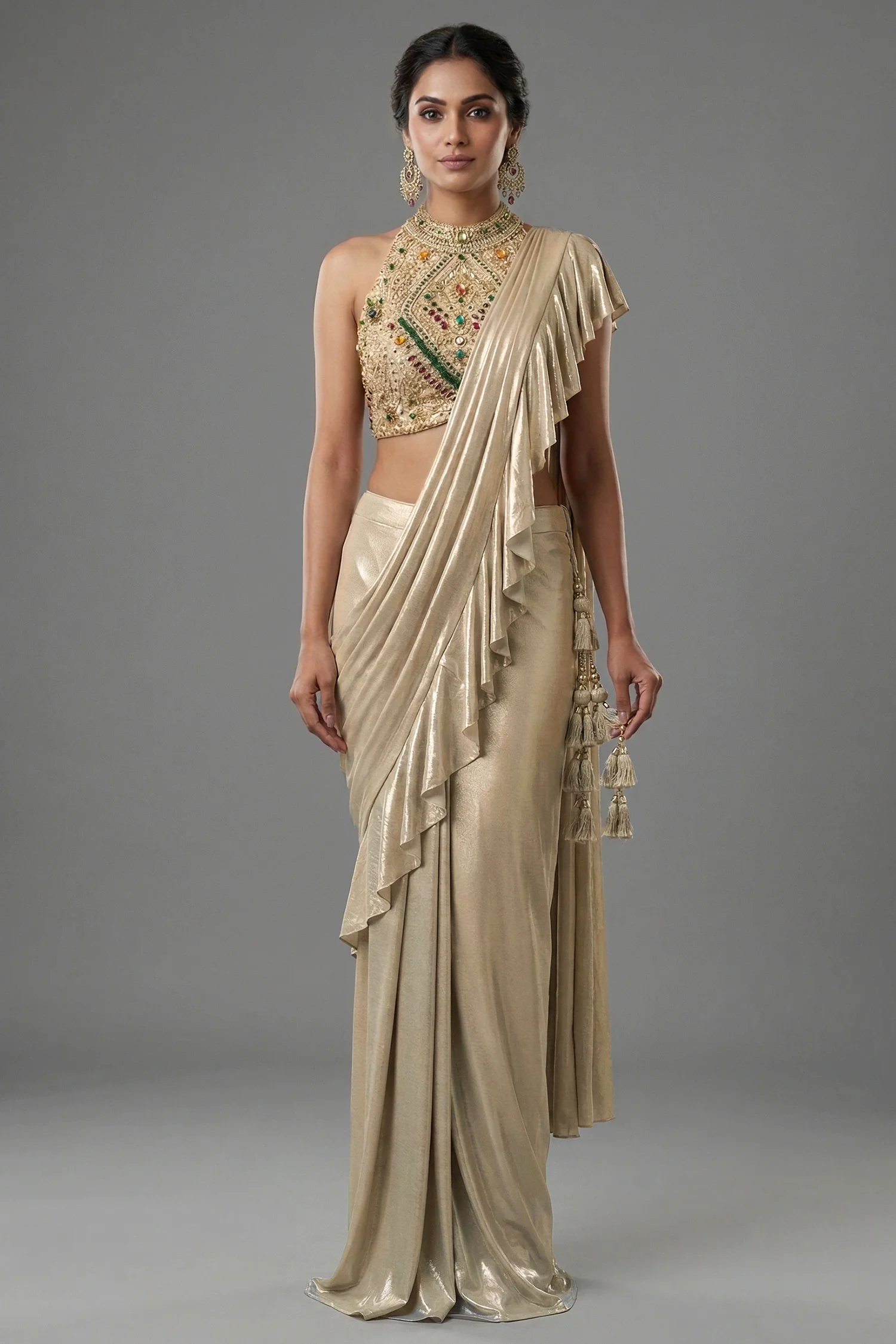 Golden Imported Readymade Ruffle Saree with Halter Neck Embellished Blouse