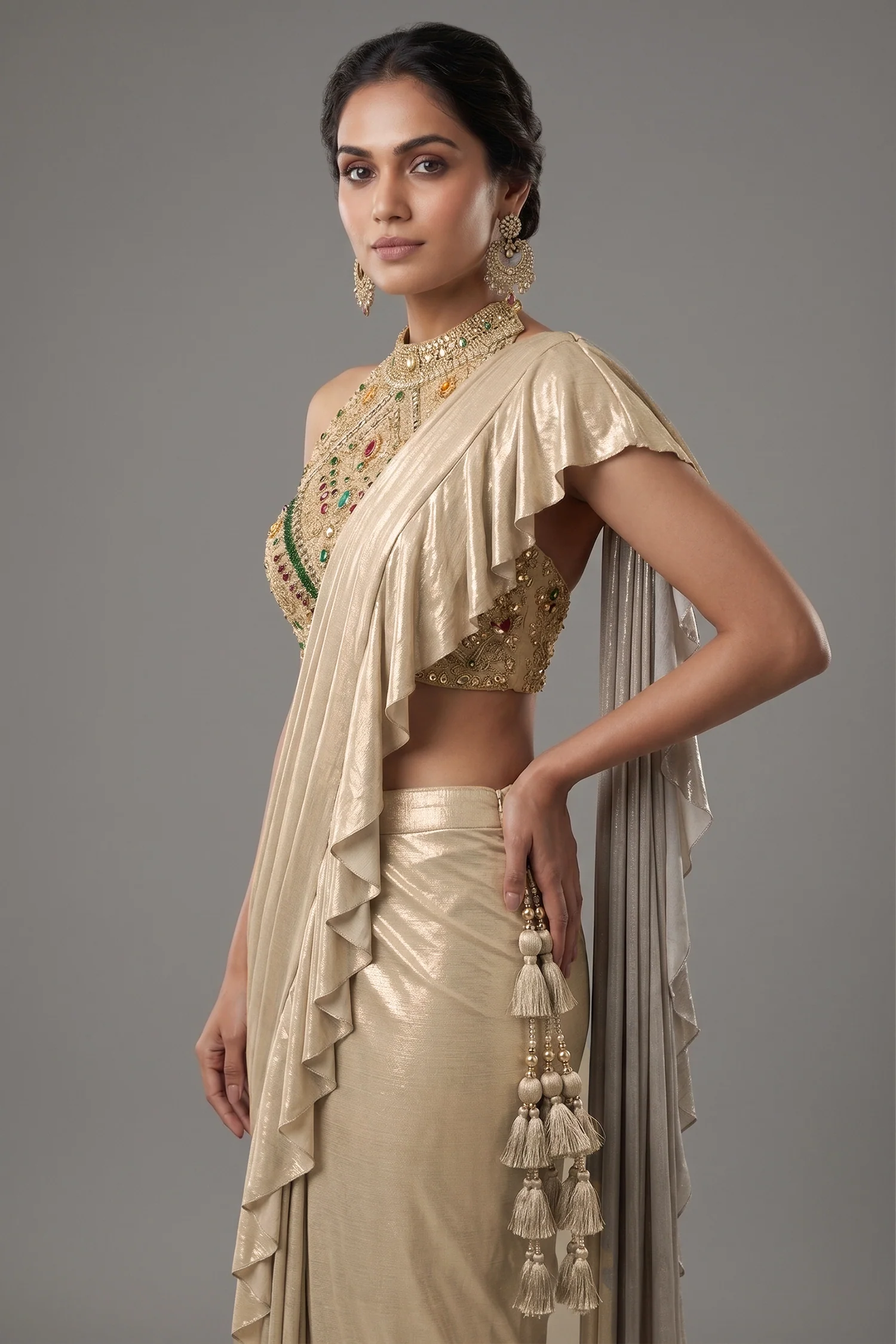 Golden Imported Readymade Ruffle Saree with Halter Neck Embellished Blouse - Image 2