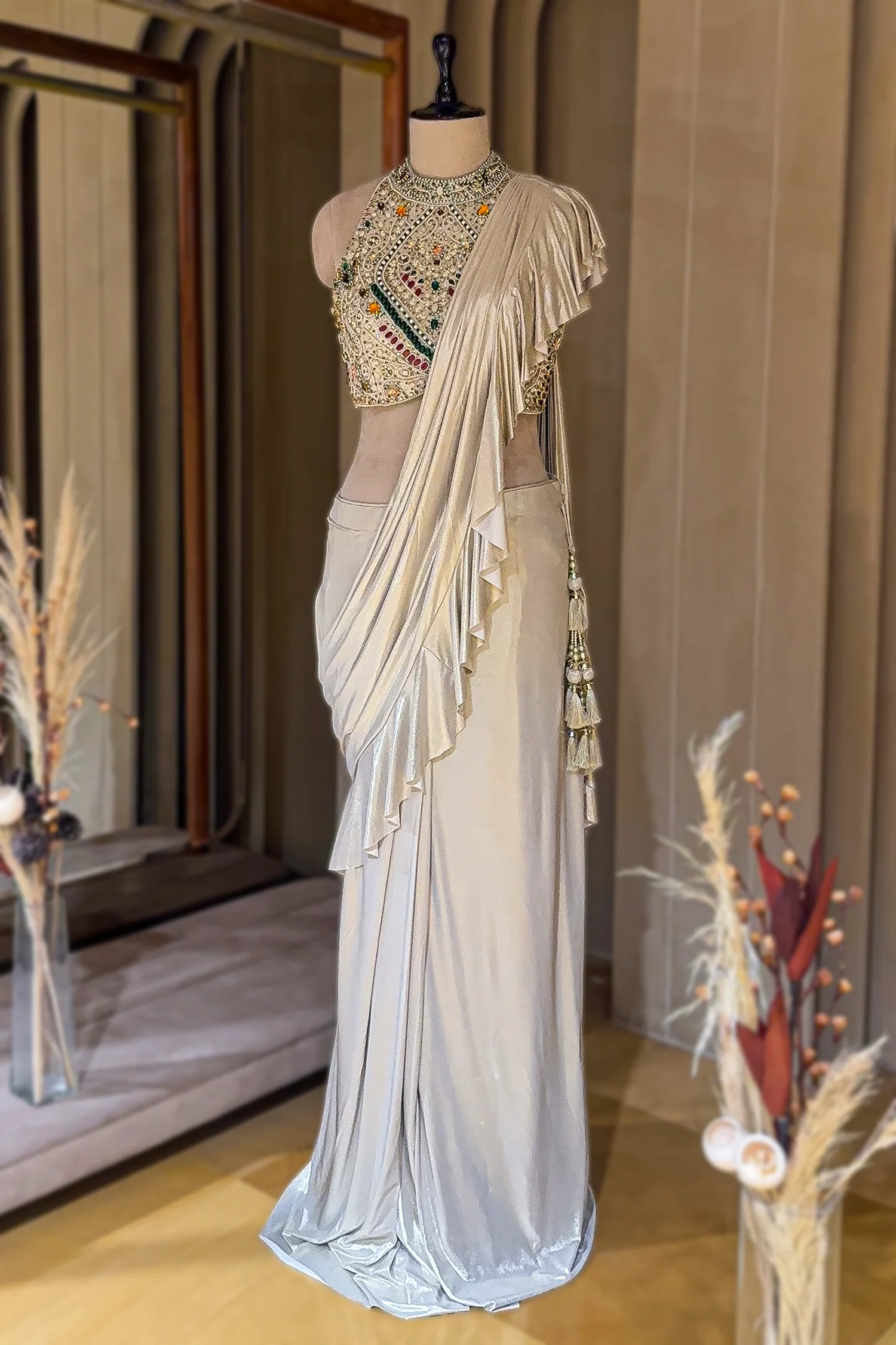 Golden Imported Readymade Ruffle Saree with Halter Neck Embellished Blouse - Image 3