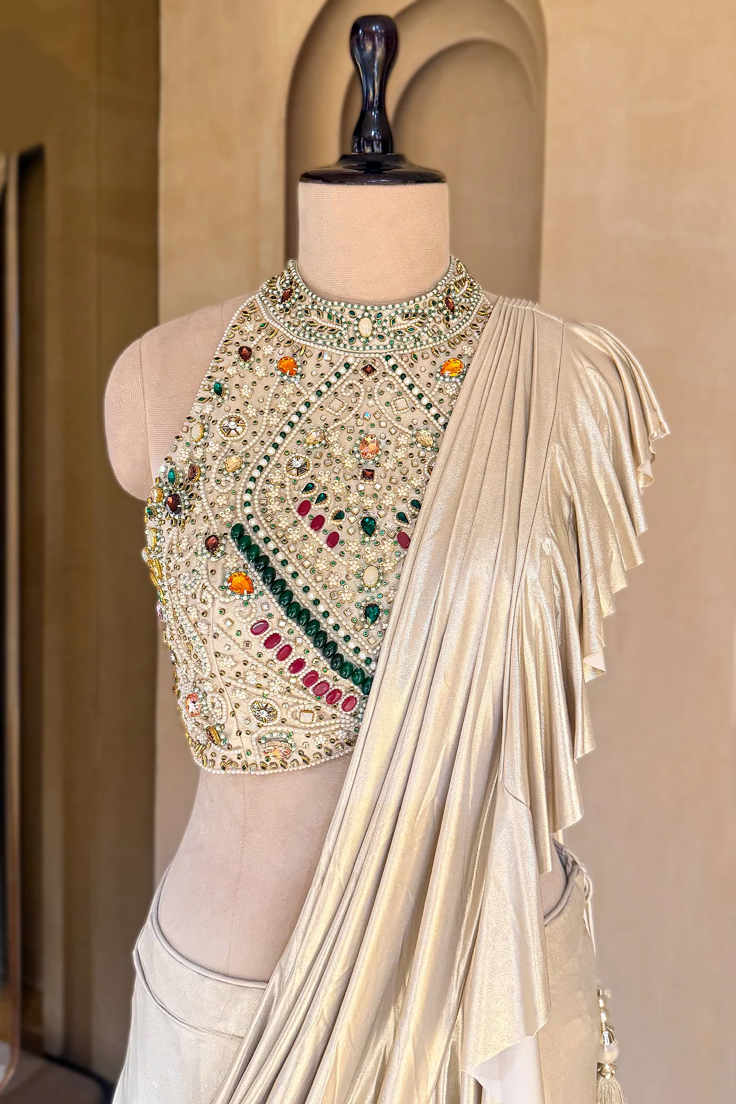 Golden Imported Readymade Ruffle Saree with Halter Neck Embellished Blouse - Image 4