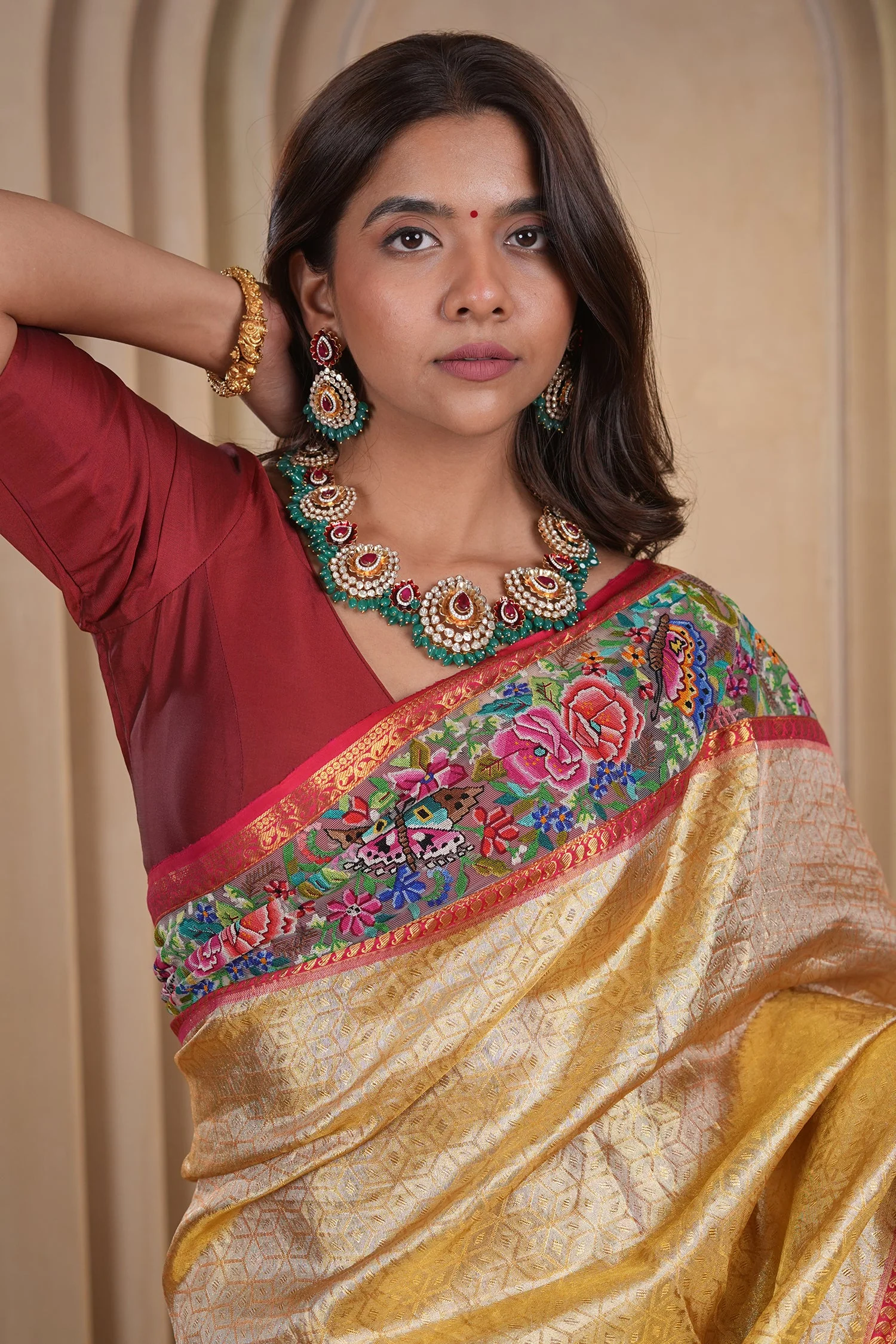 Golden Kanchipuram Silk Woven Saree with Petit Point Embroidery Border - Image 6