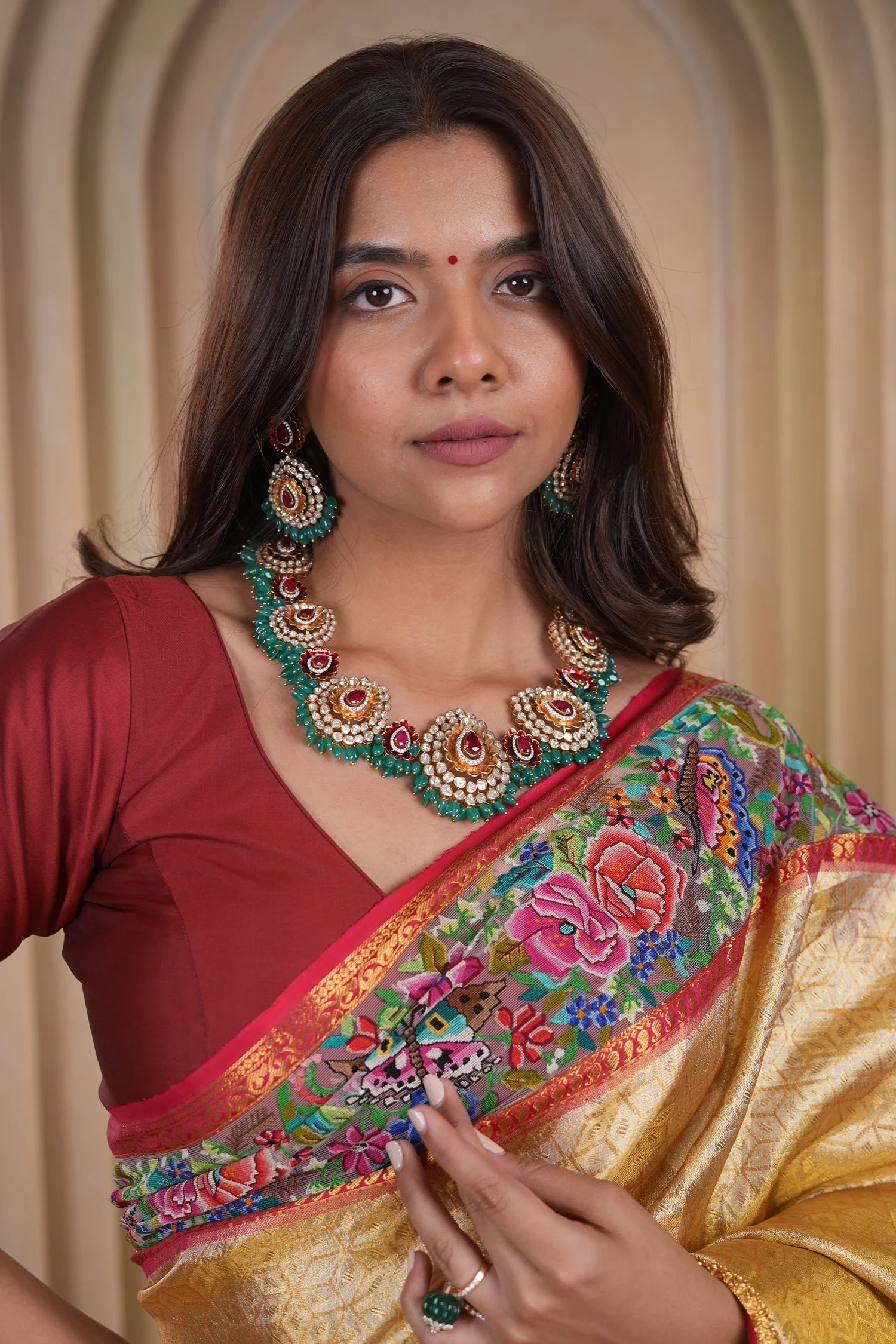 Golden Kanchipuram Silk Woven Saree with Petit Point Embroidery Border - Image 7