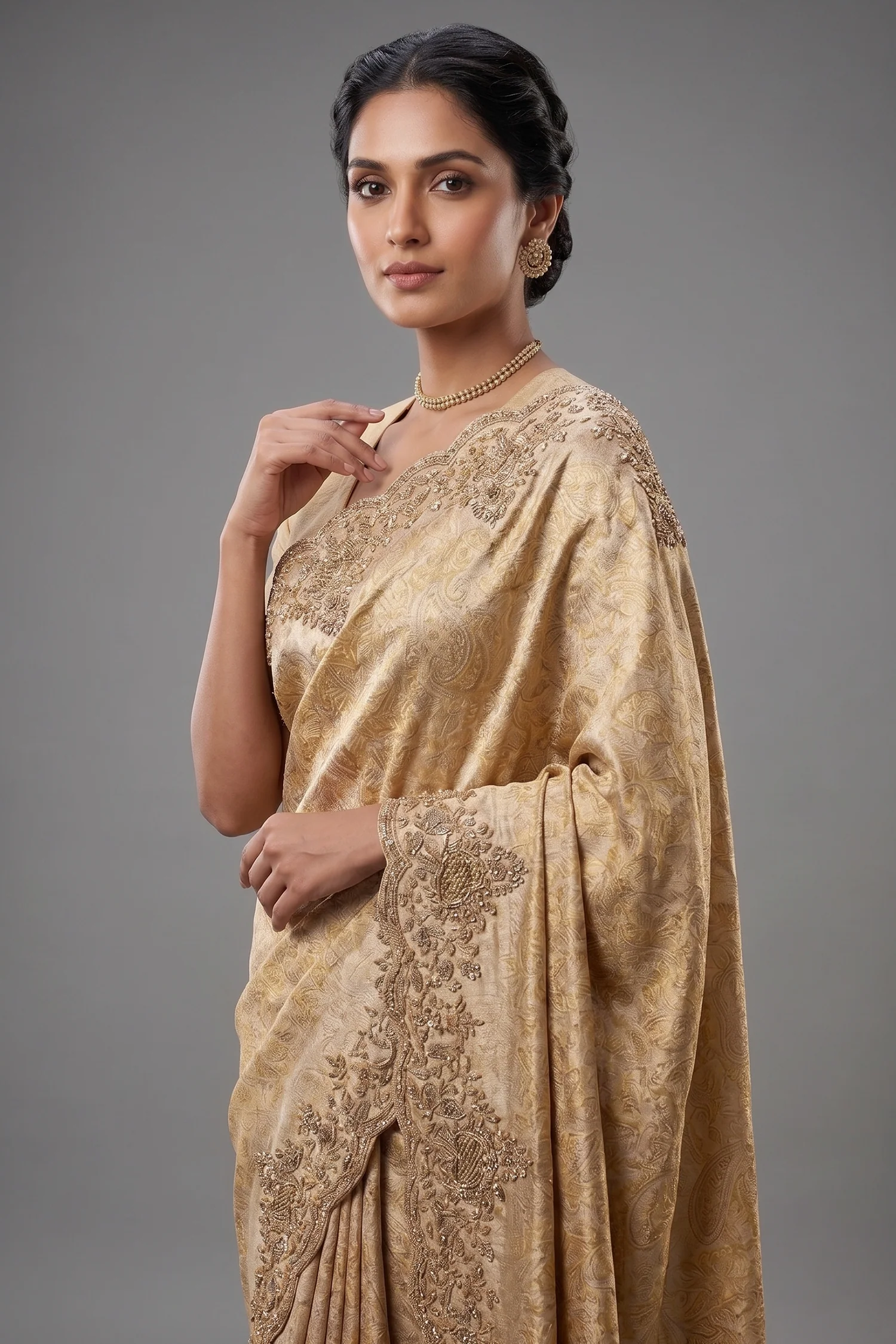 Golden Kanchipuram Tissue Silk traditional All Over Woven Saree with Zardosi Work Border - Image 2