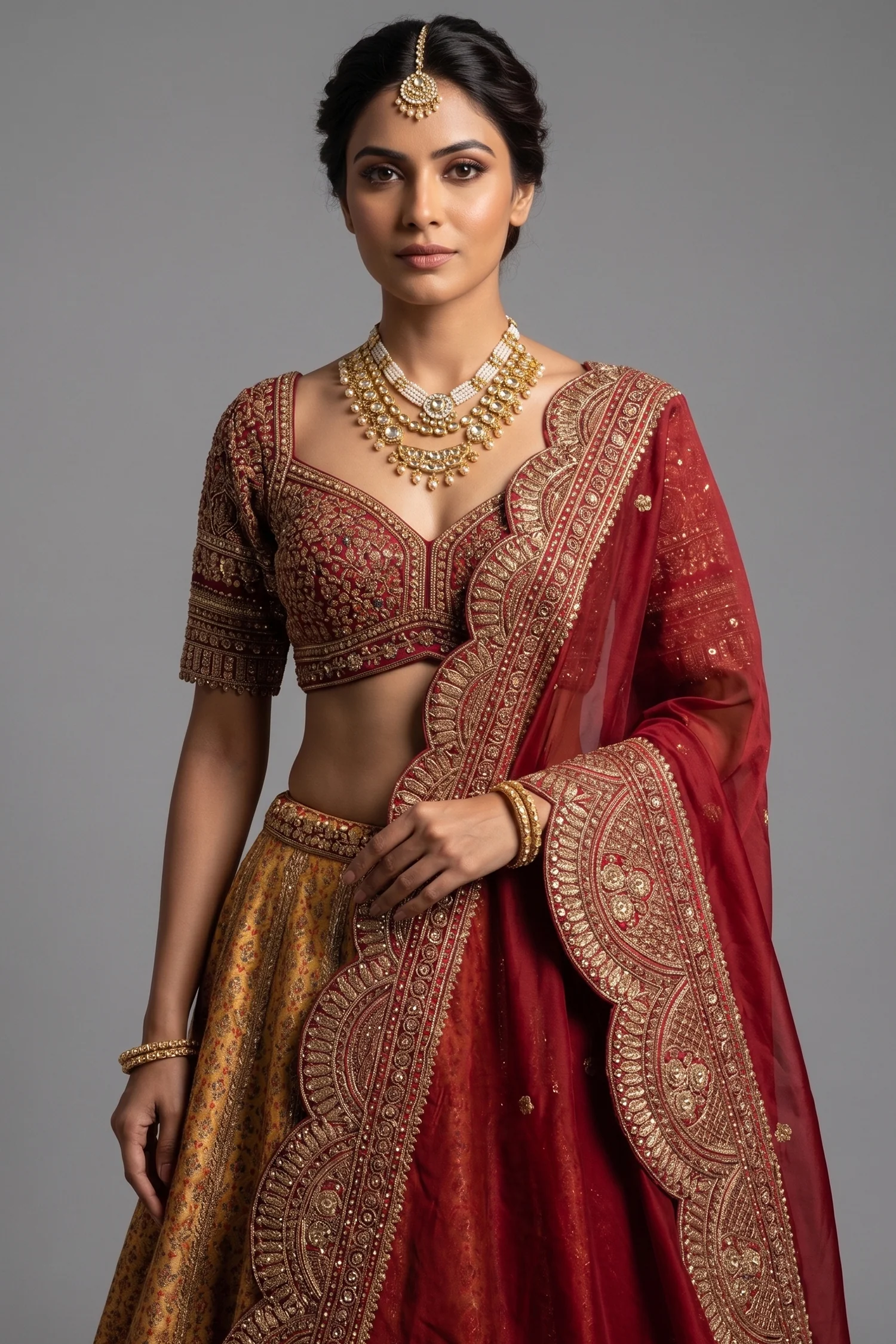 Golden Matka Silk Printed Lehenga with Contrast Scallop Border - Image 2