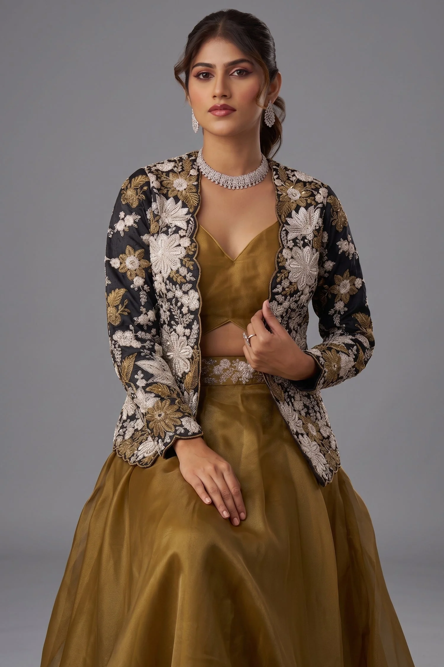 Golden Mustard Tissue Crop Top with Floral Embroidered Jacket And Palazzo Set - Image 2