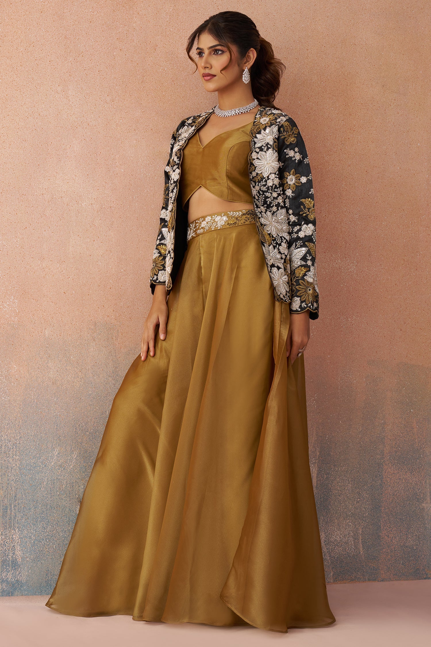 Golden Mustard Tissue Crop Top with Floral Embroidered Jacket And Palazzo Set - Image 3