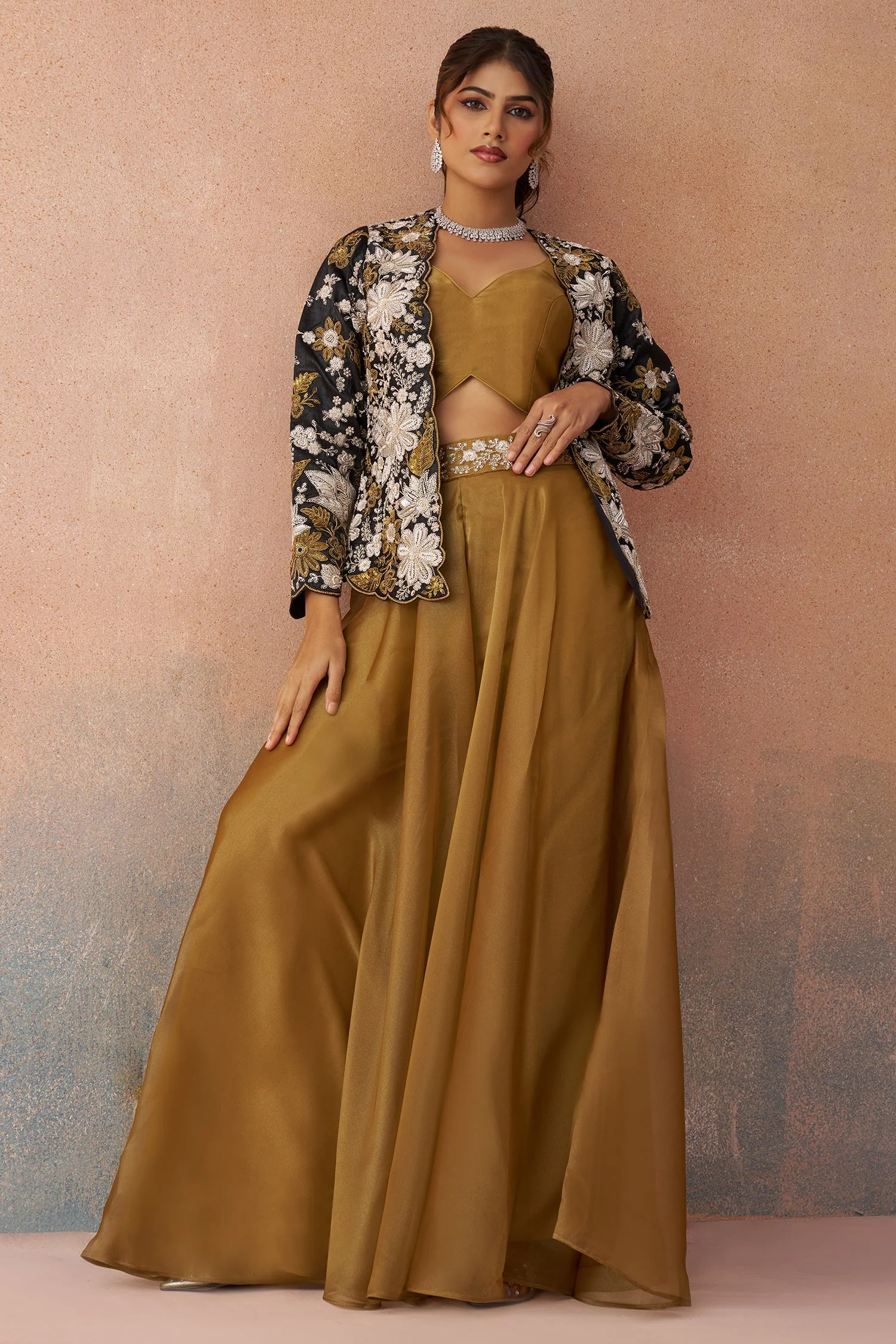 Golden Mustard Tissue Crop Top with Floral Embroidered Jacket And Palazzo Set - Image 4