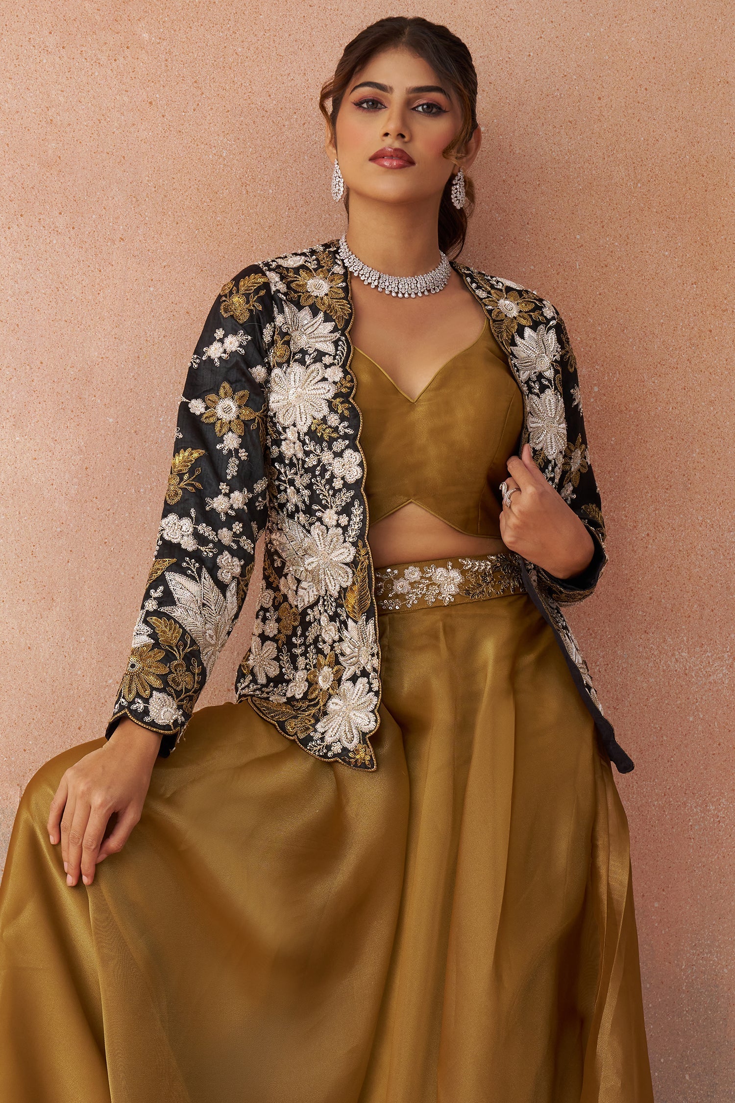 Golden Mustard Tissue Crop Top with Floral Embroidered Jacket And Palazzo Set - Image 5
