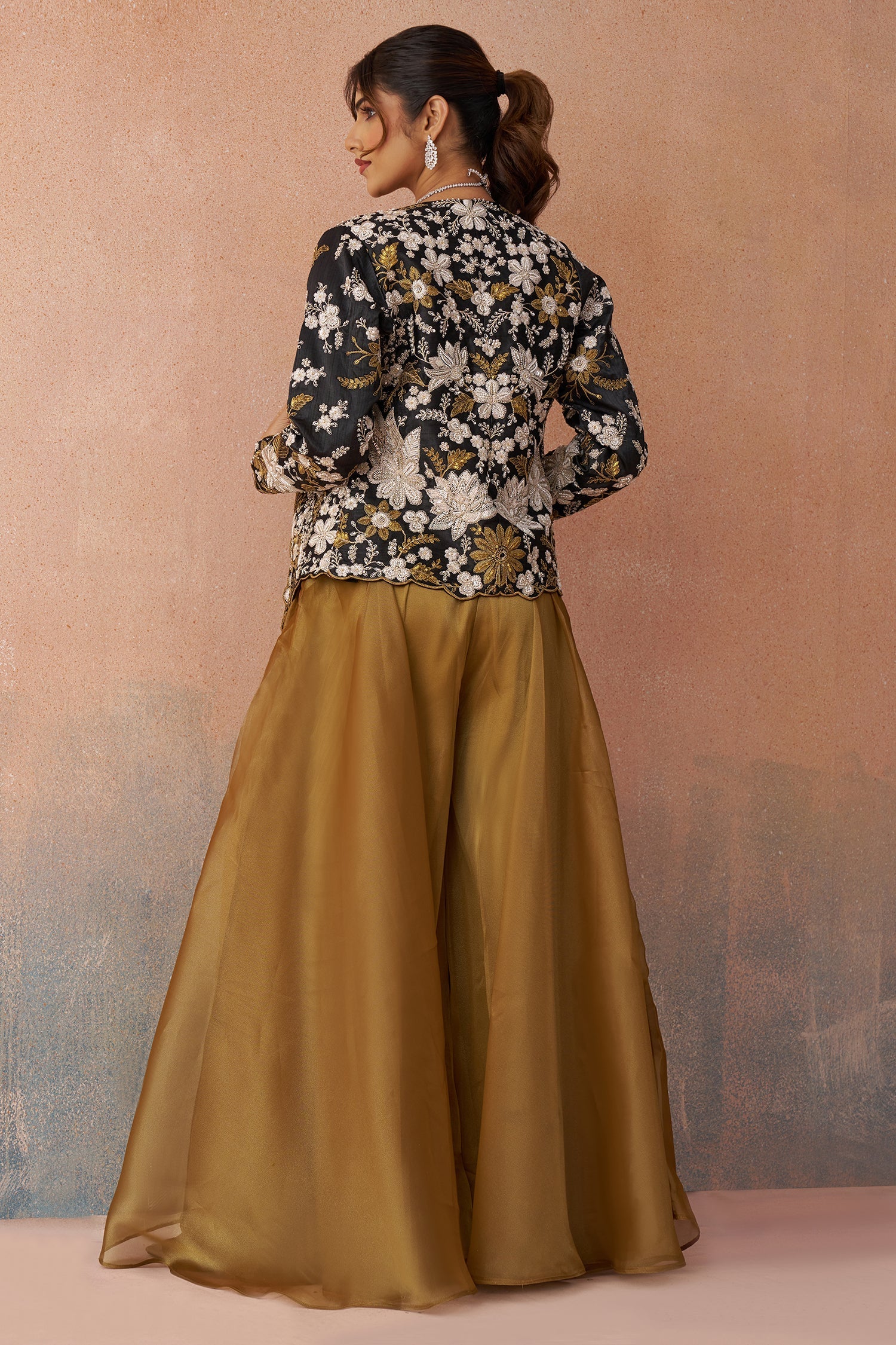 Golden Mustard Tissue Crop Top with Floral Embroidered Jacket And Palazzo Set - Image 6