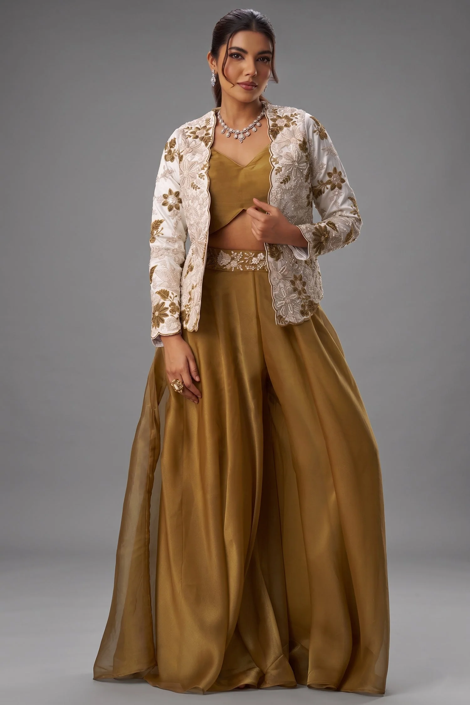 Golden Mustard Tissue Crop Top with Floral Embroidered Jacket and Palazzo Set