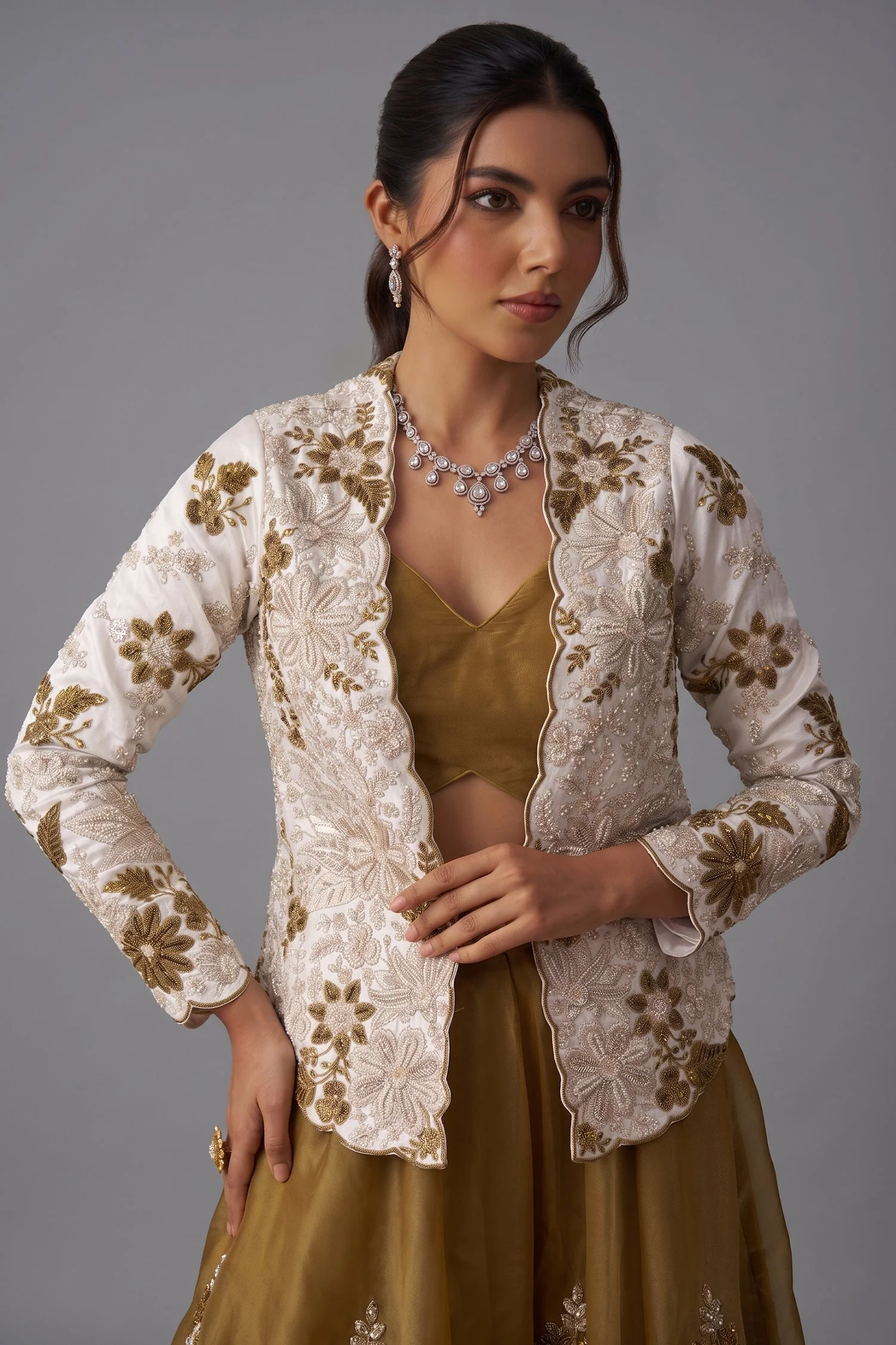 Golden Mustard Tissue Crop Top with Floral Embroidered Jacket and Palazzo Set - Image 2