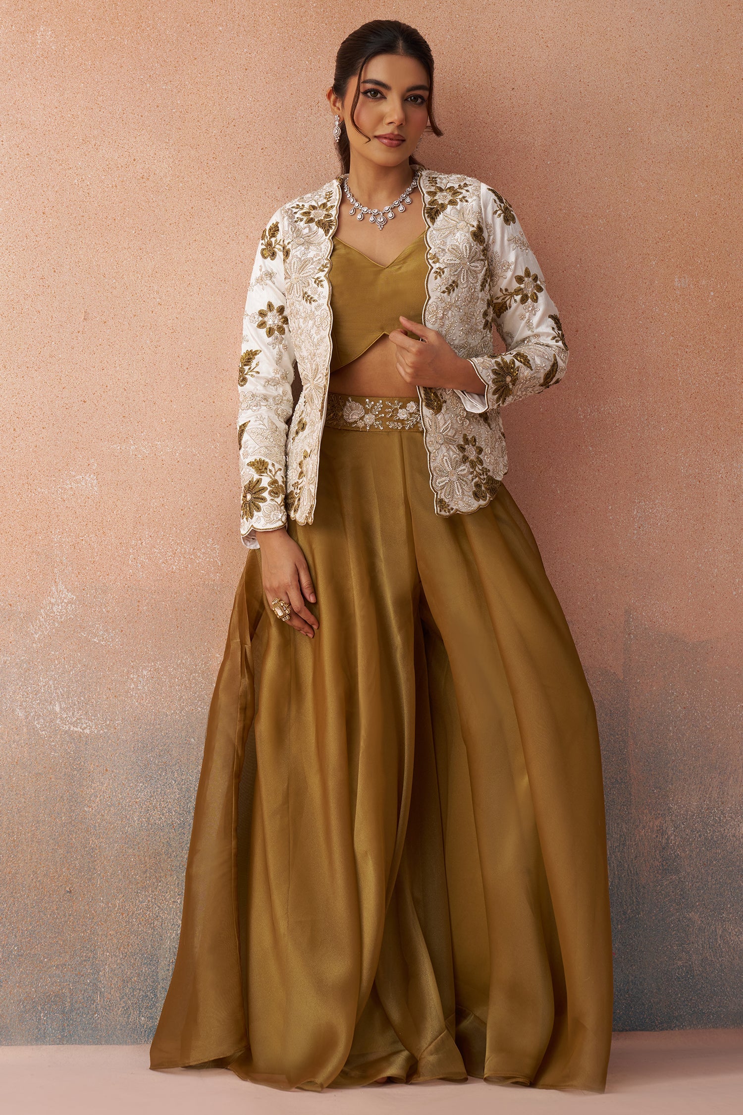 Golden Mustard Tissue Crop Top with Floral Embroidered Jacket and Palazzo Set - Image 3
