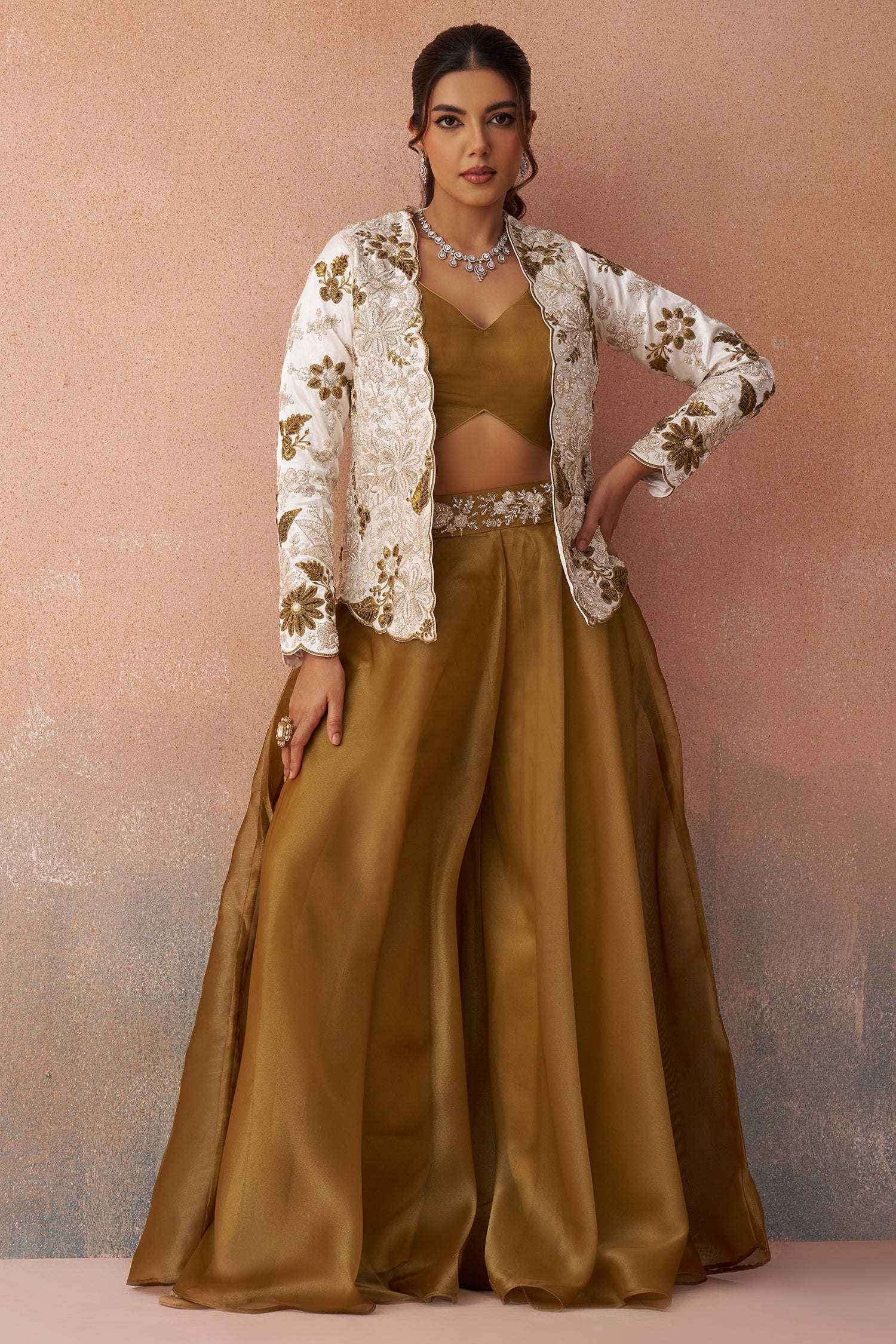 Golden Mustard Tissue Crop Top with Floral Embroidered Jacket and Palazzo Set - Image 4