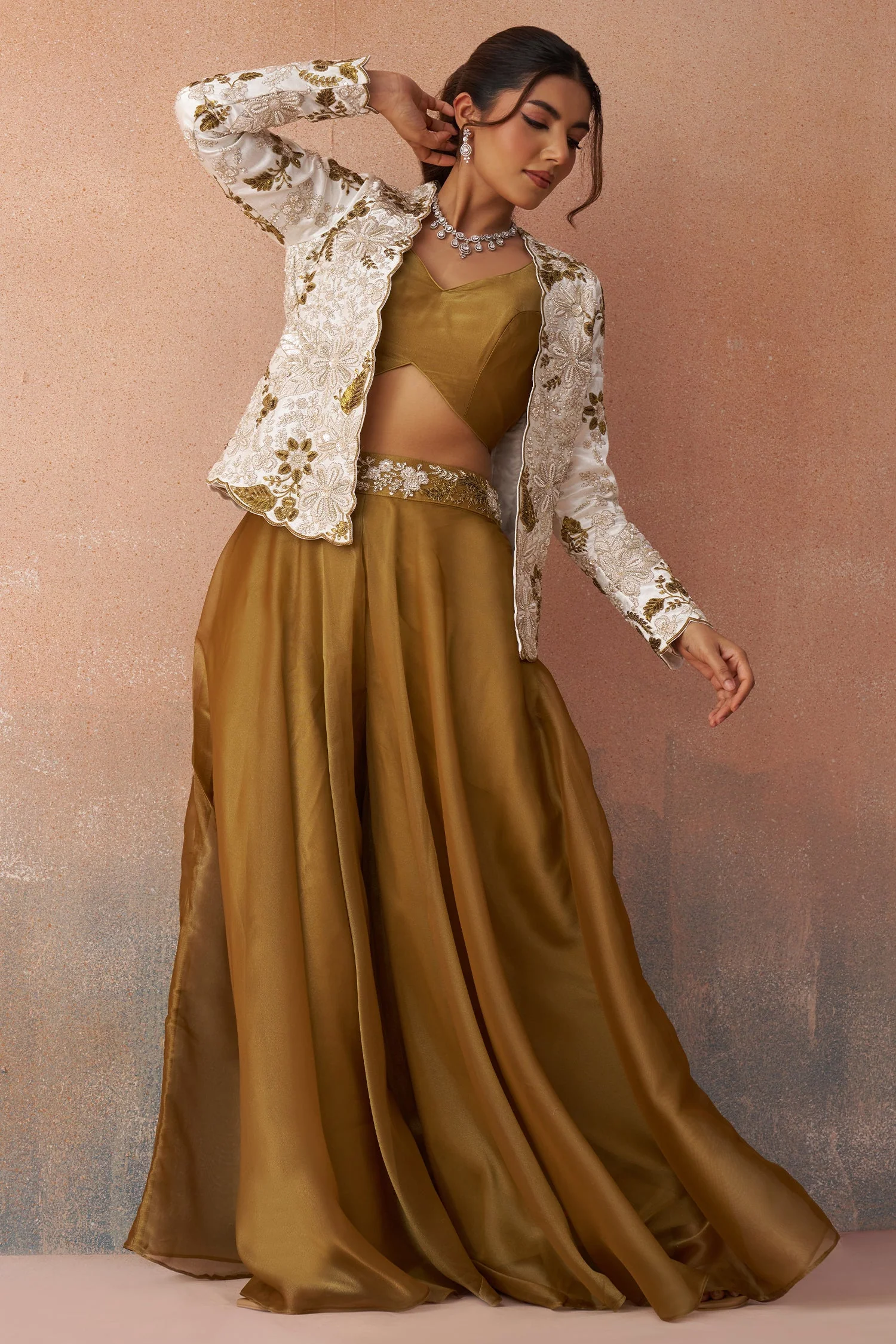 Golden Mustard Tissue Crop Top with Floral Embroidered Jacket and Palazzo Set - Image 5
