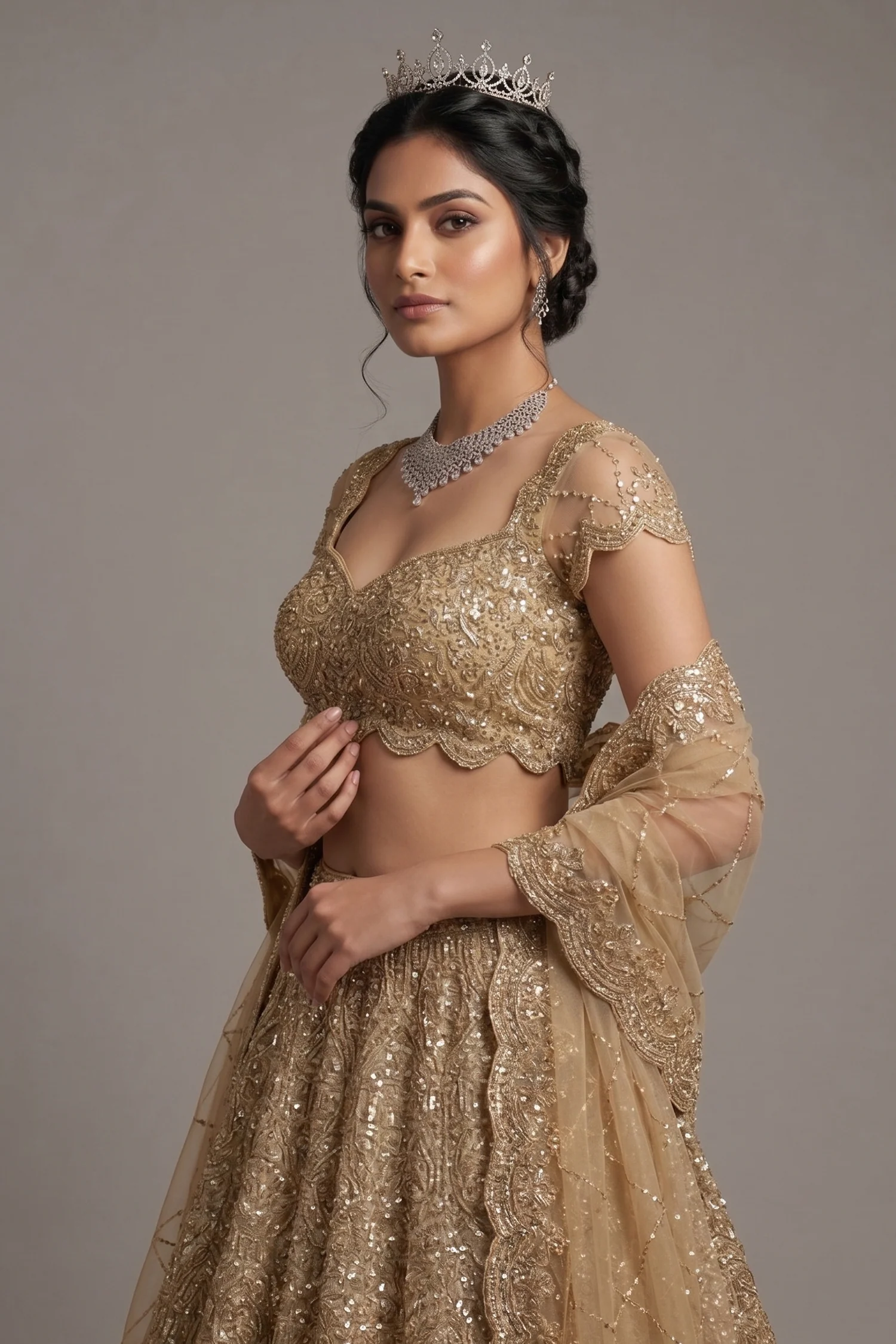 Golden Net Designer All Over Sequinned Lehenga - Image 2