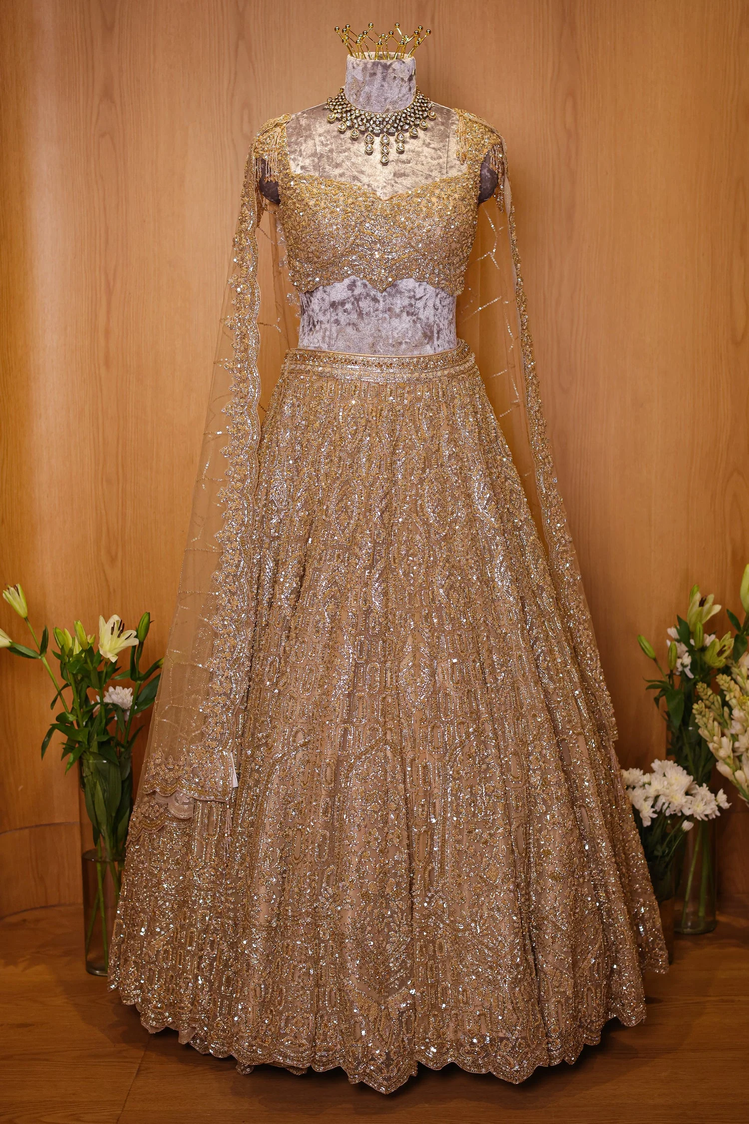Golden Net Designer All Over Sequinned Lehenga - Image 3