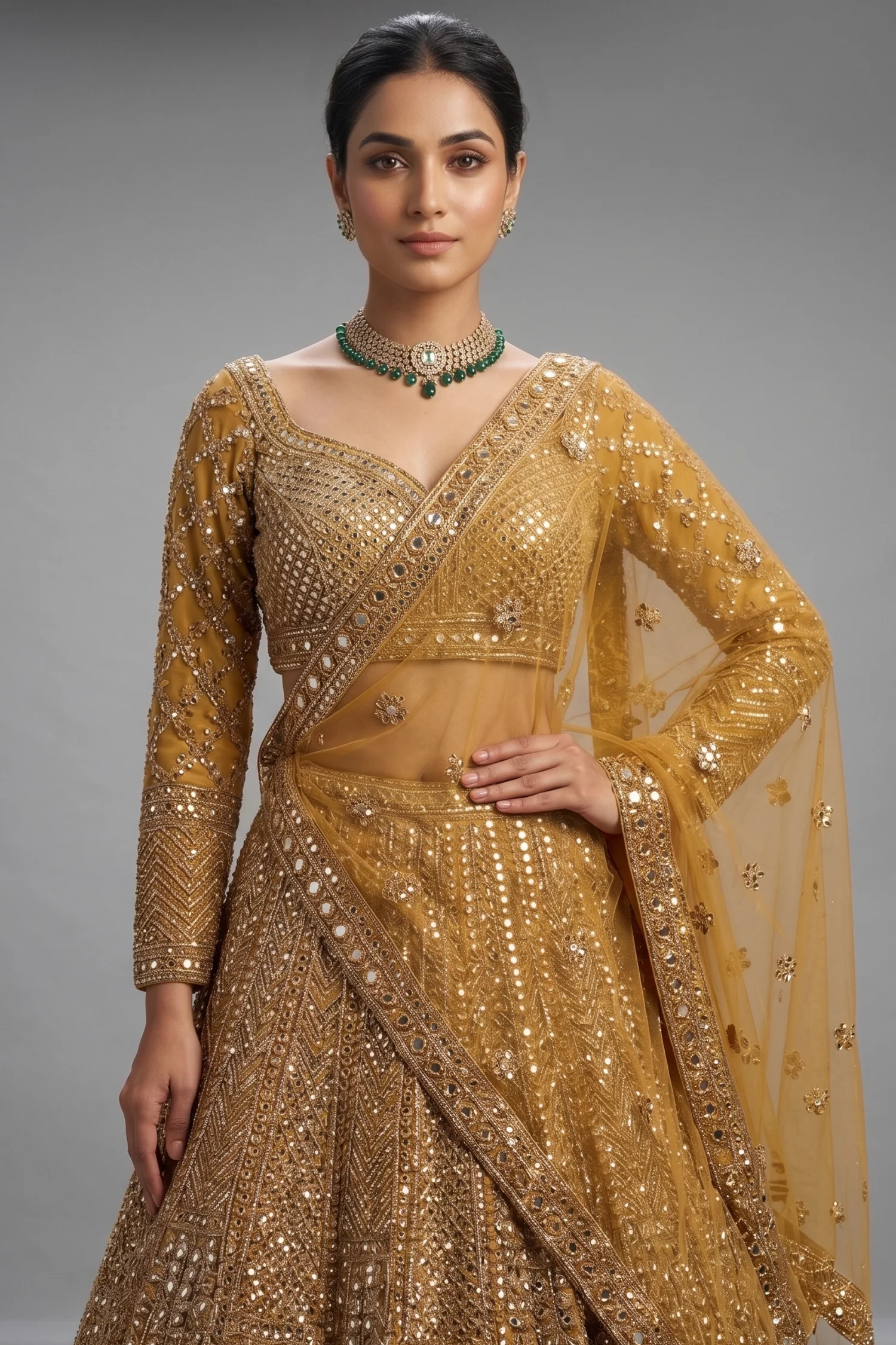 Golden Net Sequins Cutdana Worked Designer Lehenga - Image 2
