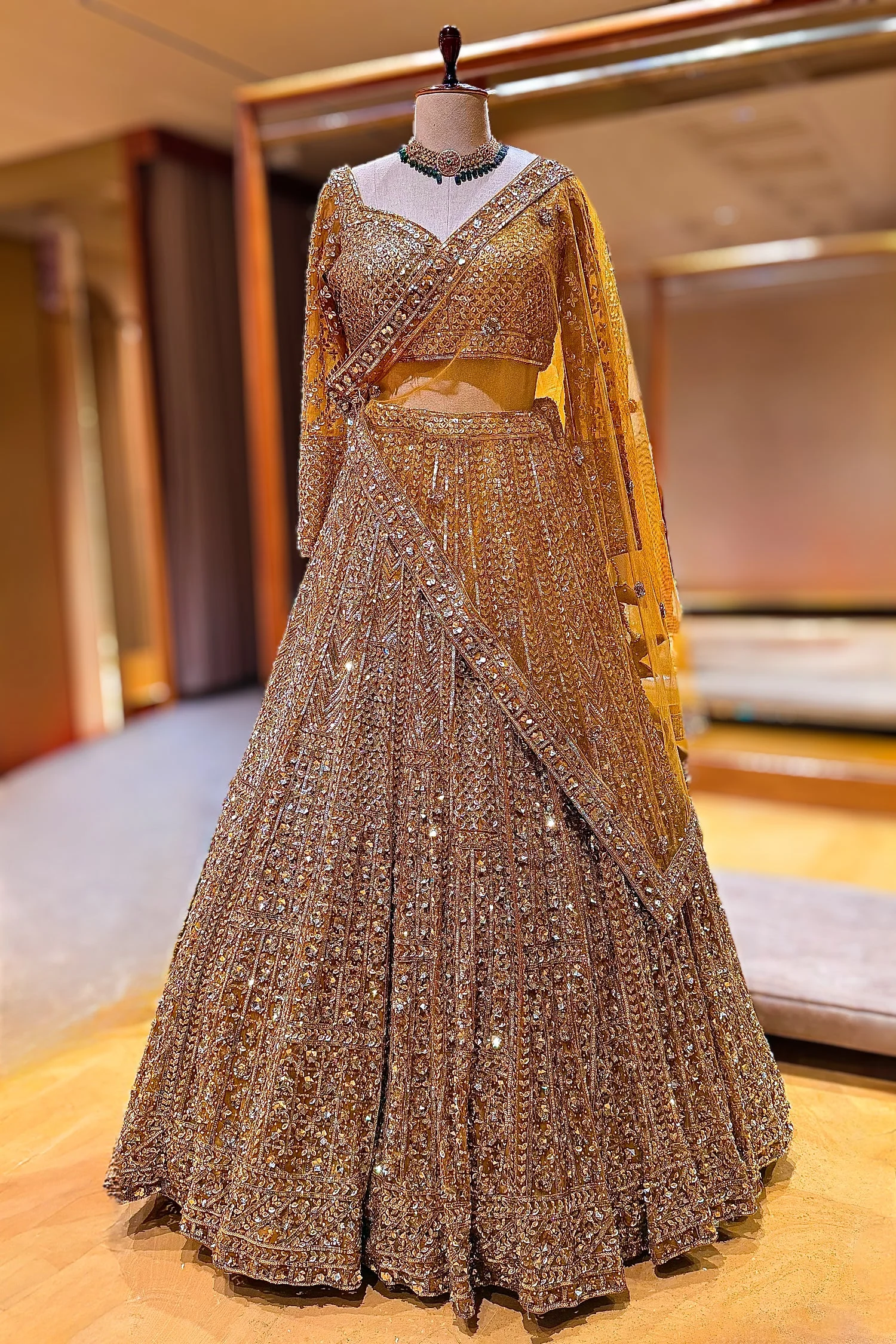 Golden Net Sequins Cutdana Worked Designer Lehenga - Image 3