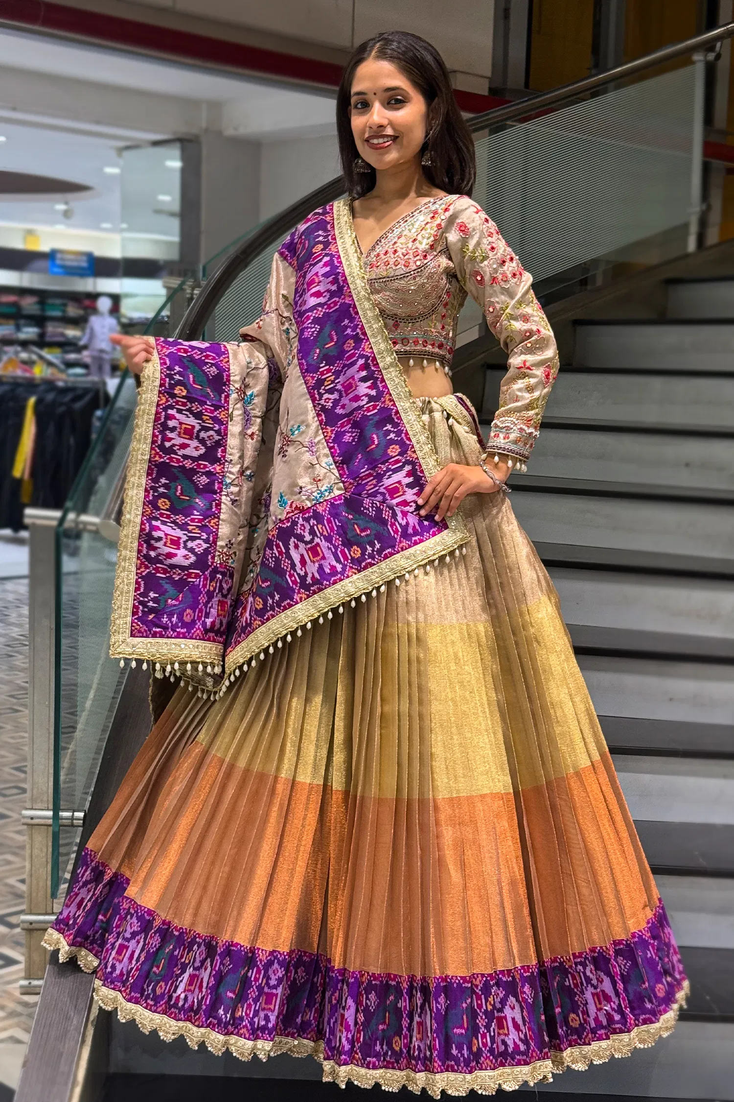 Golden Ombre Tissue Pleated Desginer Lehenga with Patola Border - Image 2
