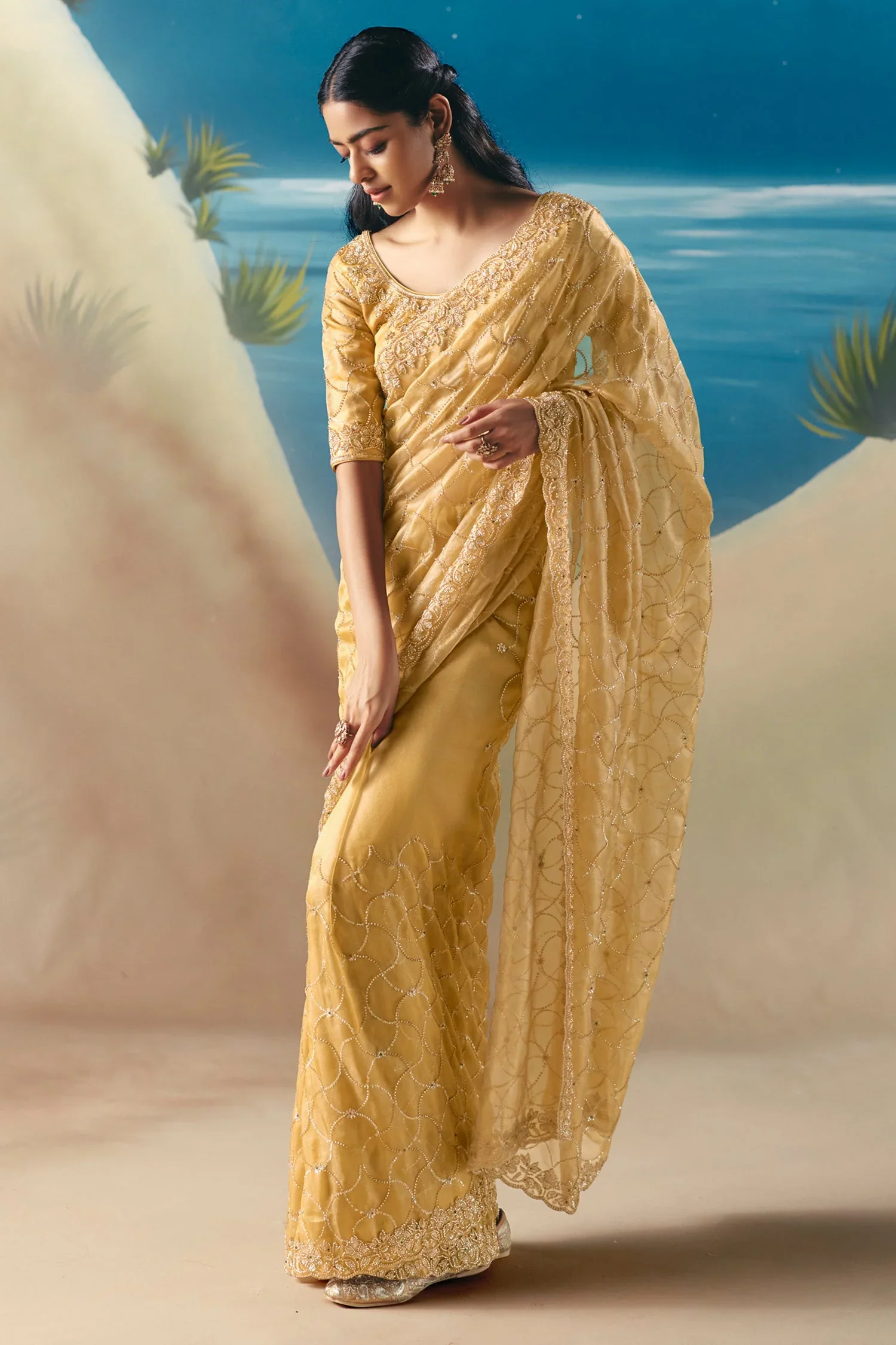 Golden Organza Tissue Saree with Sequin Beaded Motif - Image 2