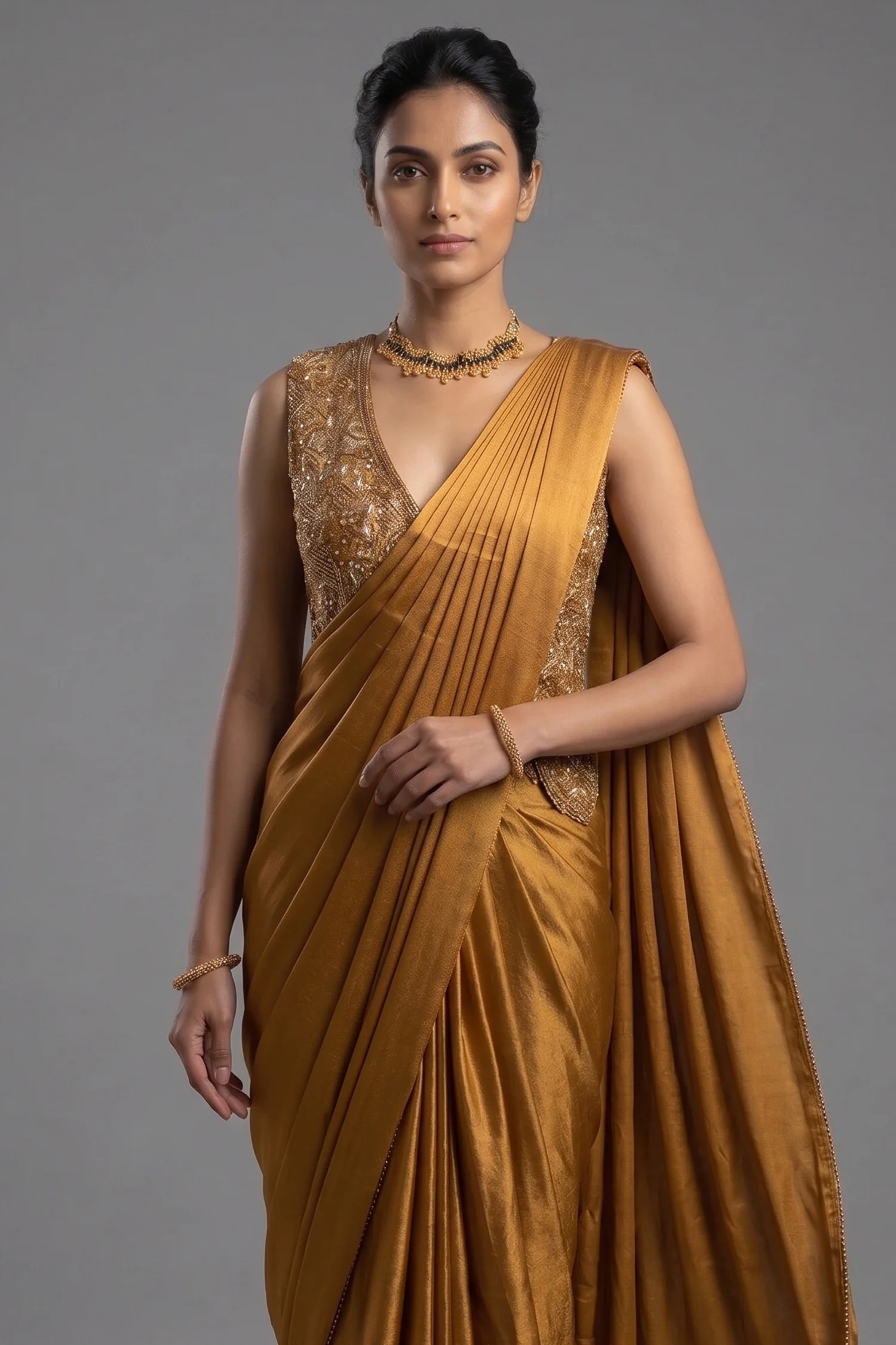 Golden Satin Silk Pre Draped Saree with Cutdana and Pearl Worked Jacket - Image 2