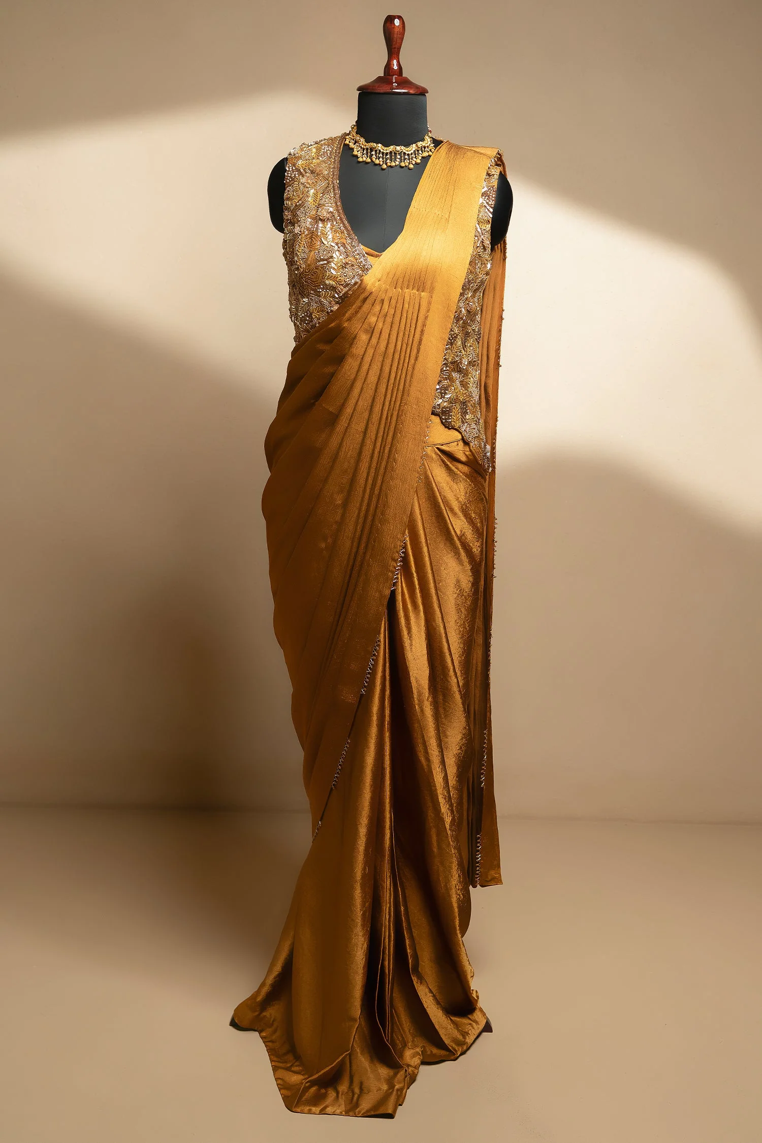 Golden Satin Silk Pre Draped Saree with Cutdana and Pearl Worked Jacket - Image 3