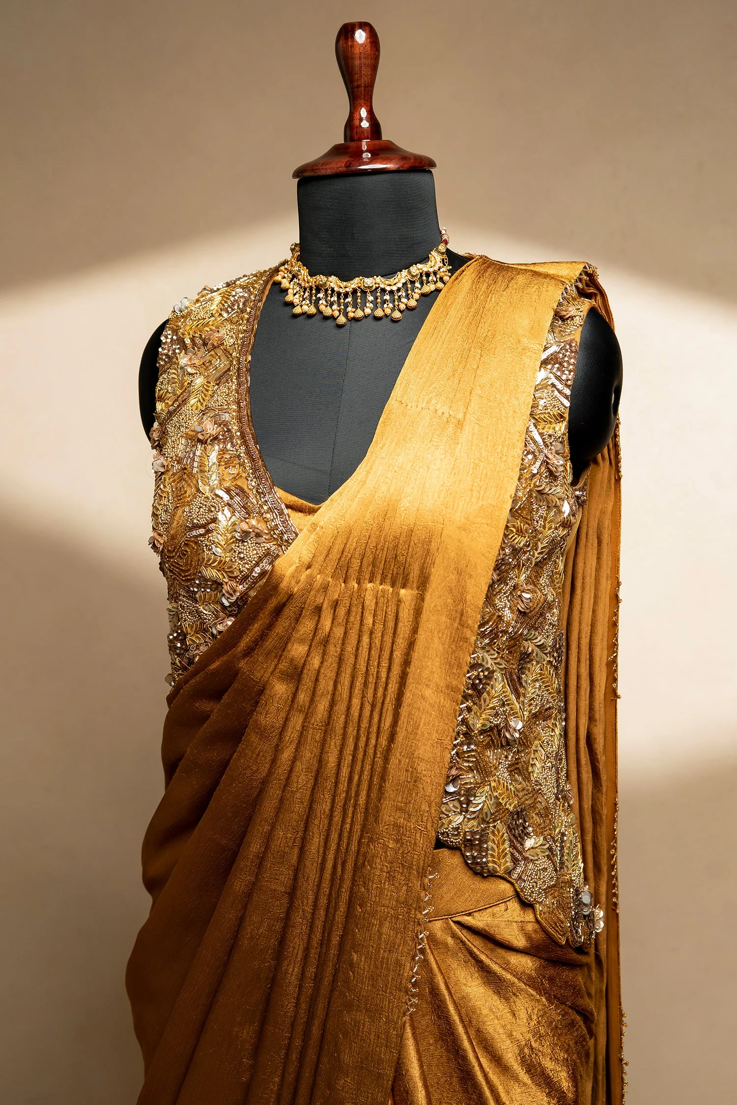 Golden Satin Silk Pre Draped Saree with Cutdana and Pearl Worked Jacket - Image 4
