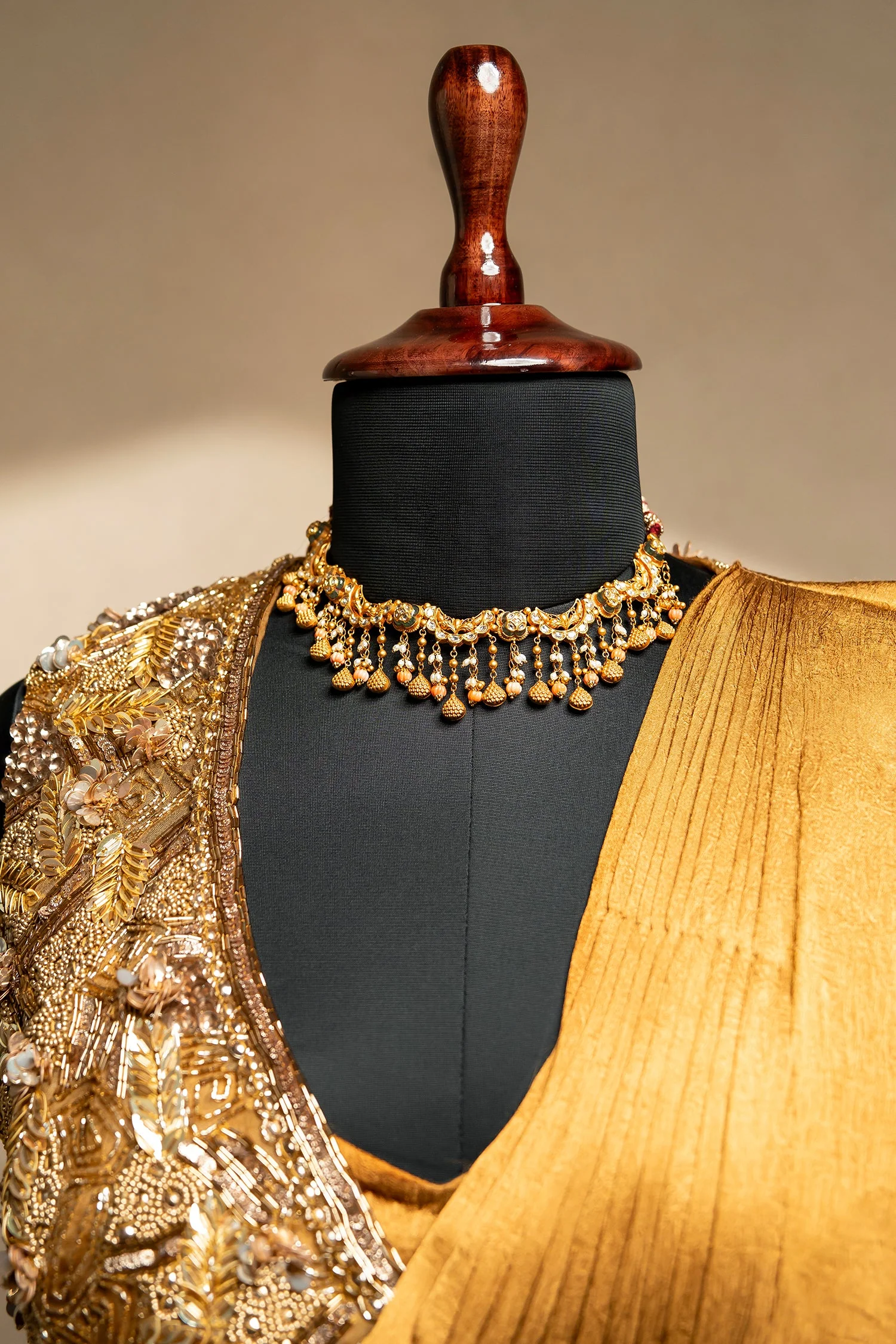 Golden Satin Silk Pre Draped Saree with Cutdana and Pearl Worked Jacket - Image 5