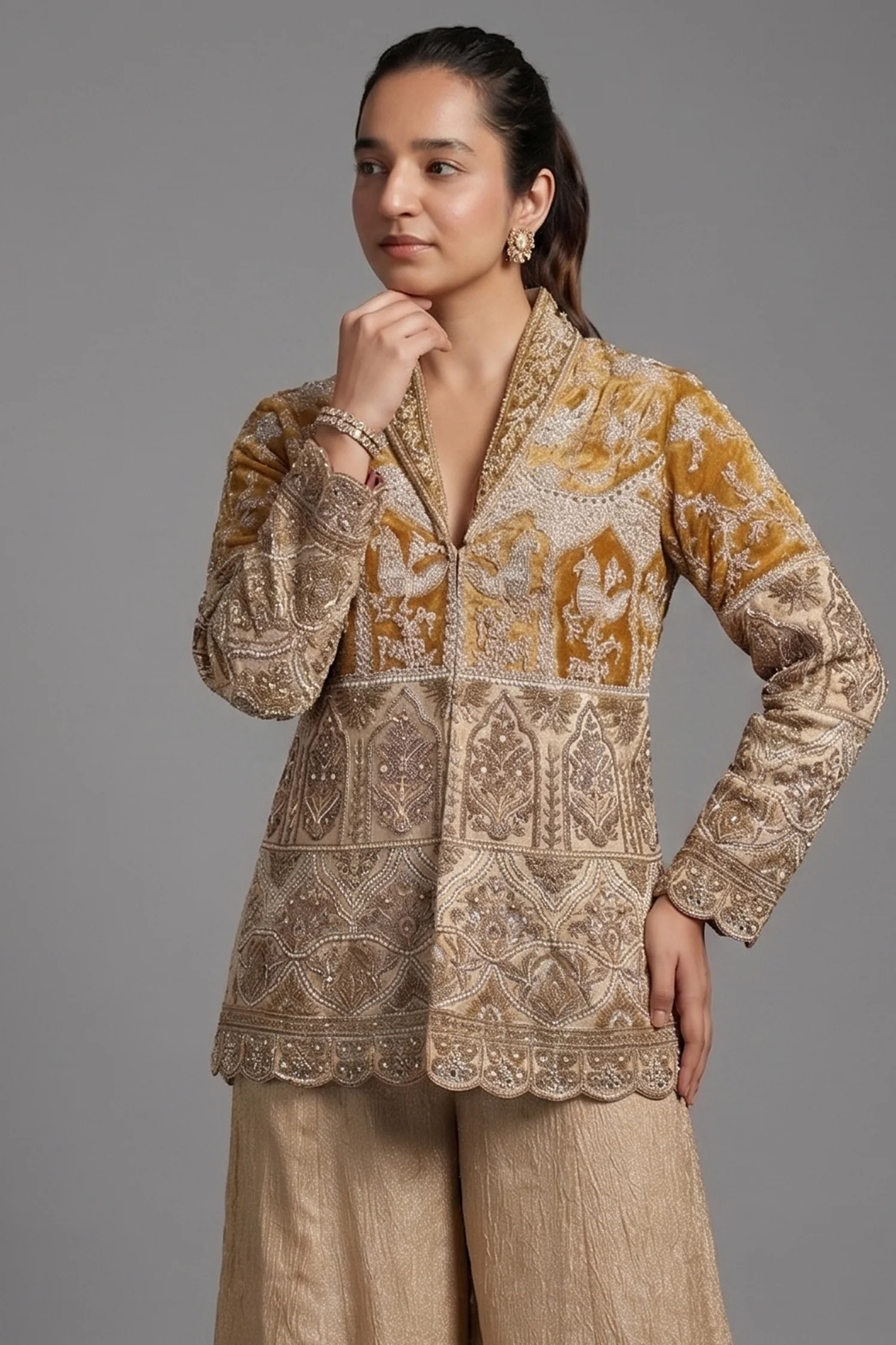 Golden Sequin Beaded Designer Indo Western Set - Image 2