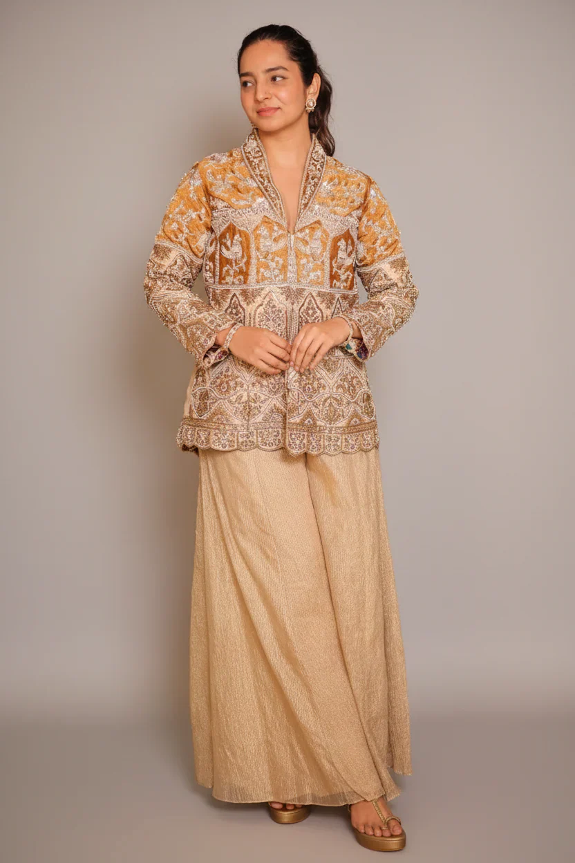 Golden Sequin Beaded Designer Indo Western Set - Image 3