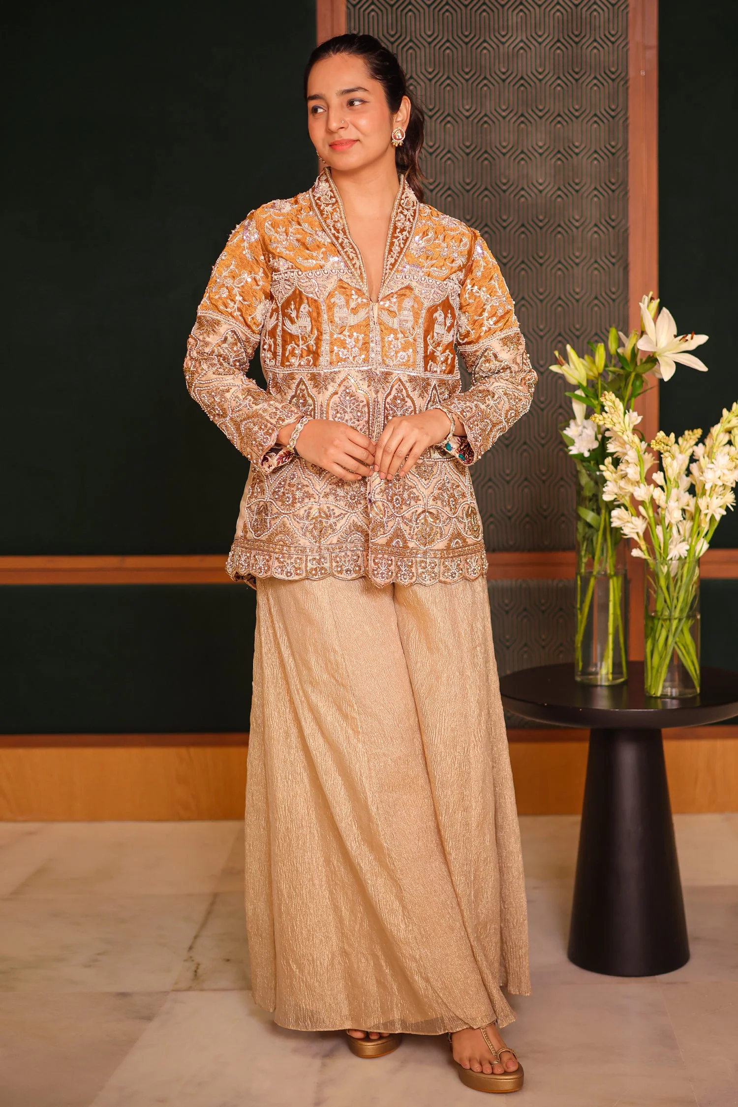 Golden Sequin Beaded Designer Indo Western Set - Image 4