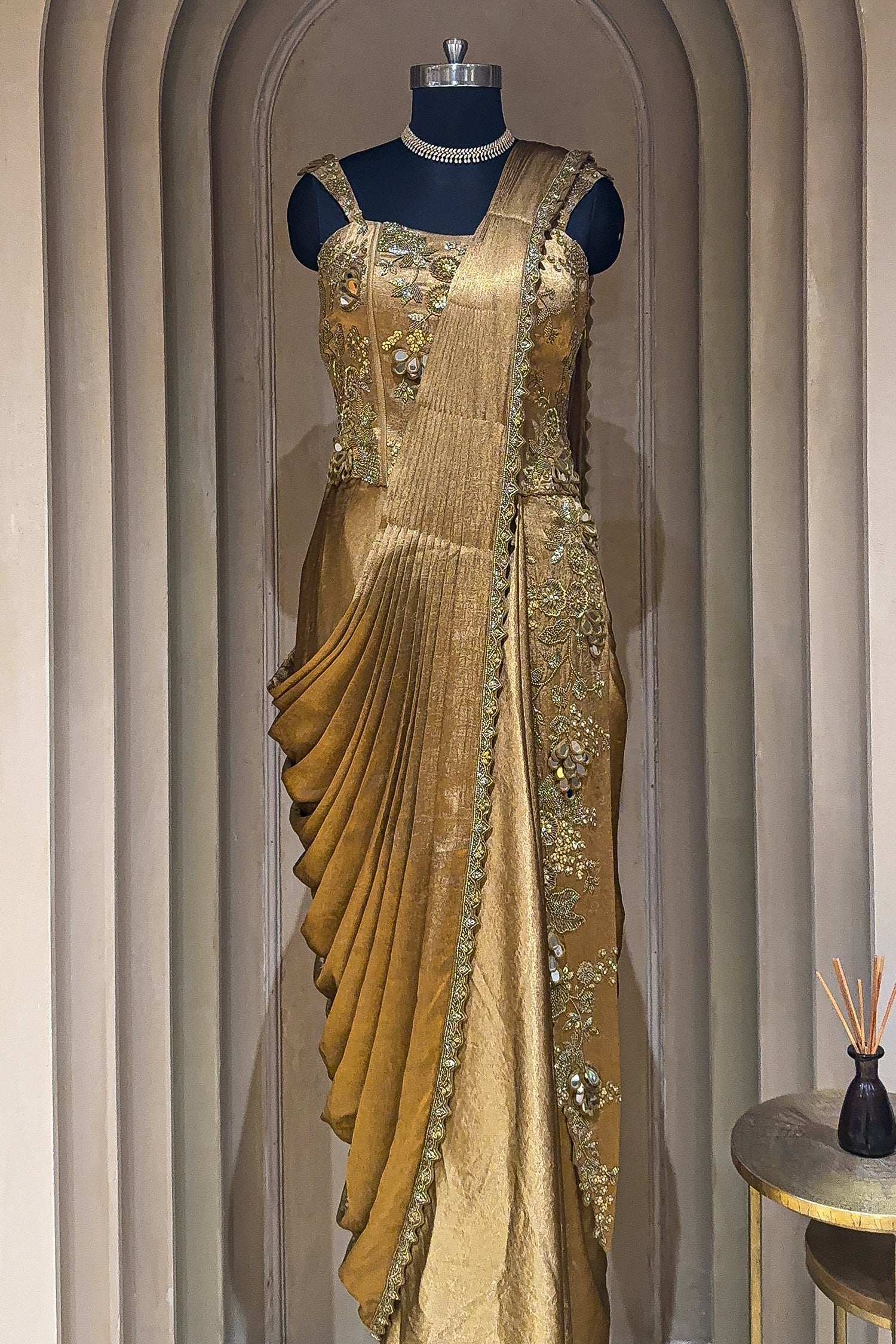 Golden Satin Embroidered Draped Saree Dress - Image 3