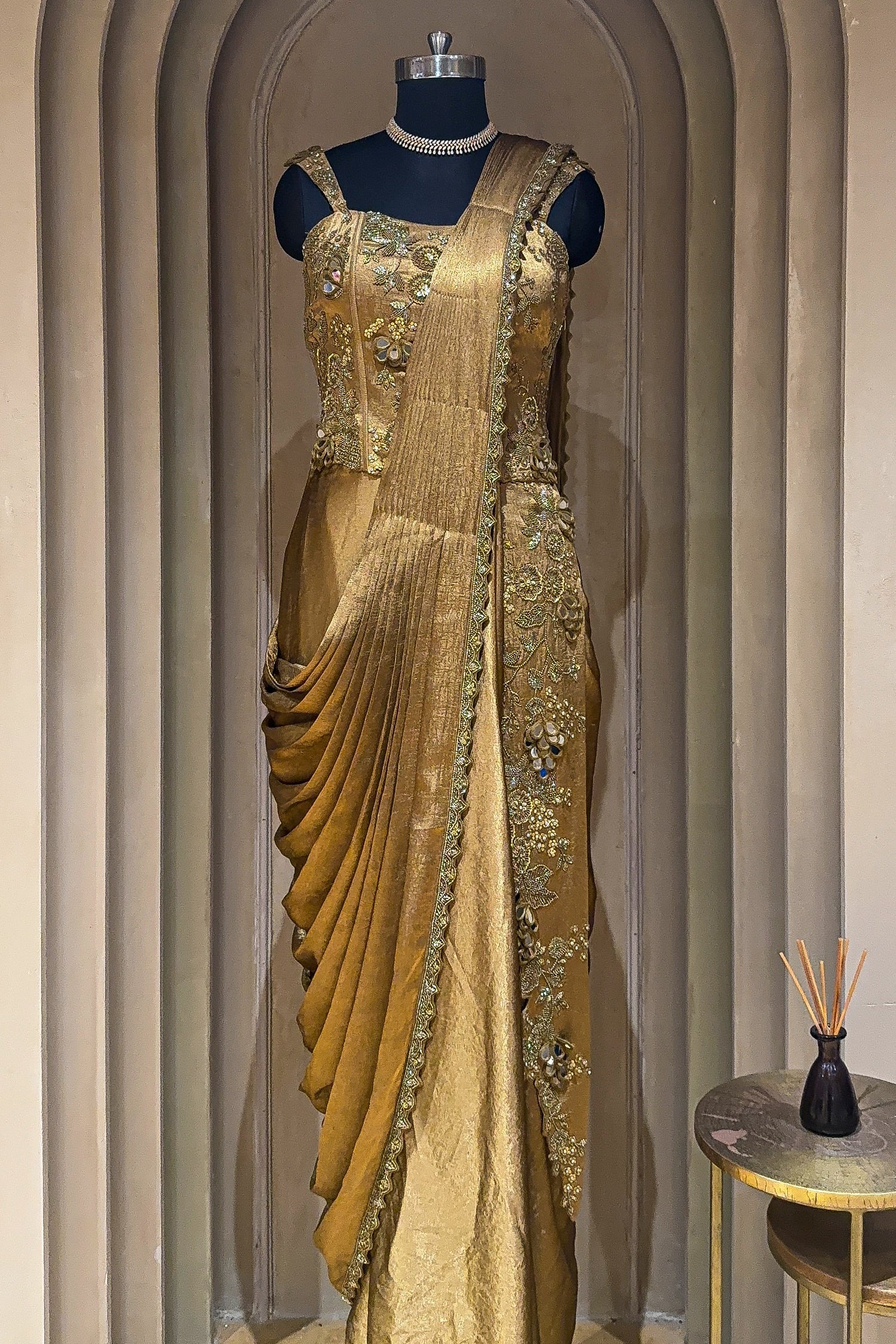 Golden Satin Embroidered Draped Saree Dress - Image 4