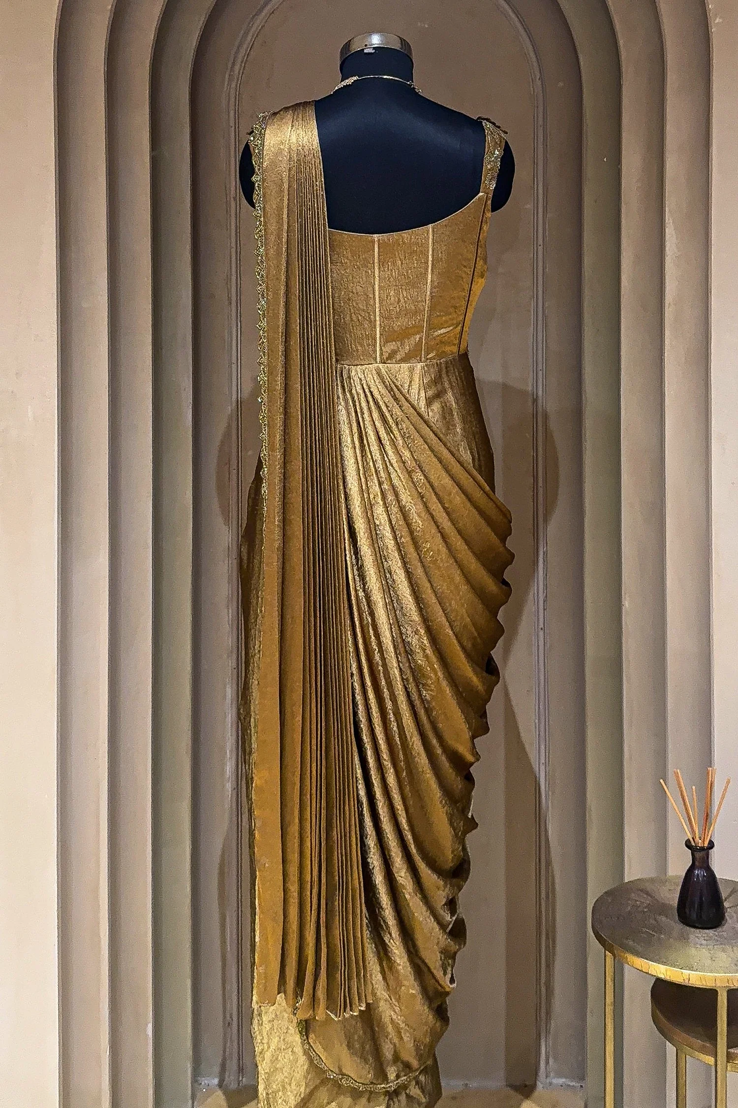 Golden Satin Embroidered Draped Saree Dress - Image 5