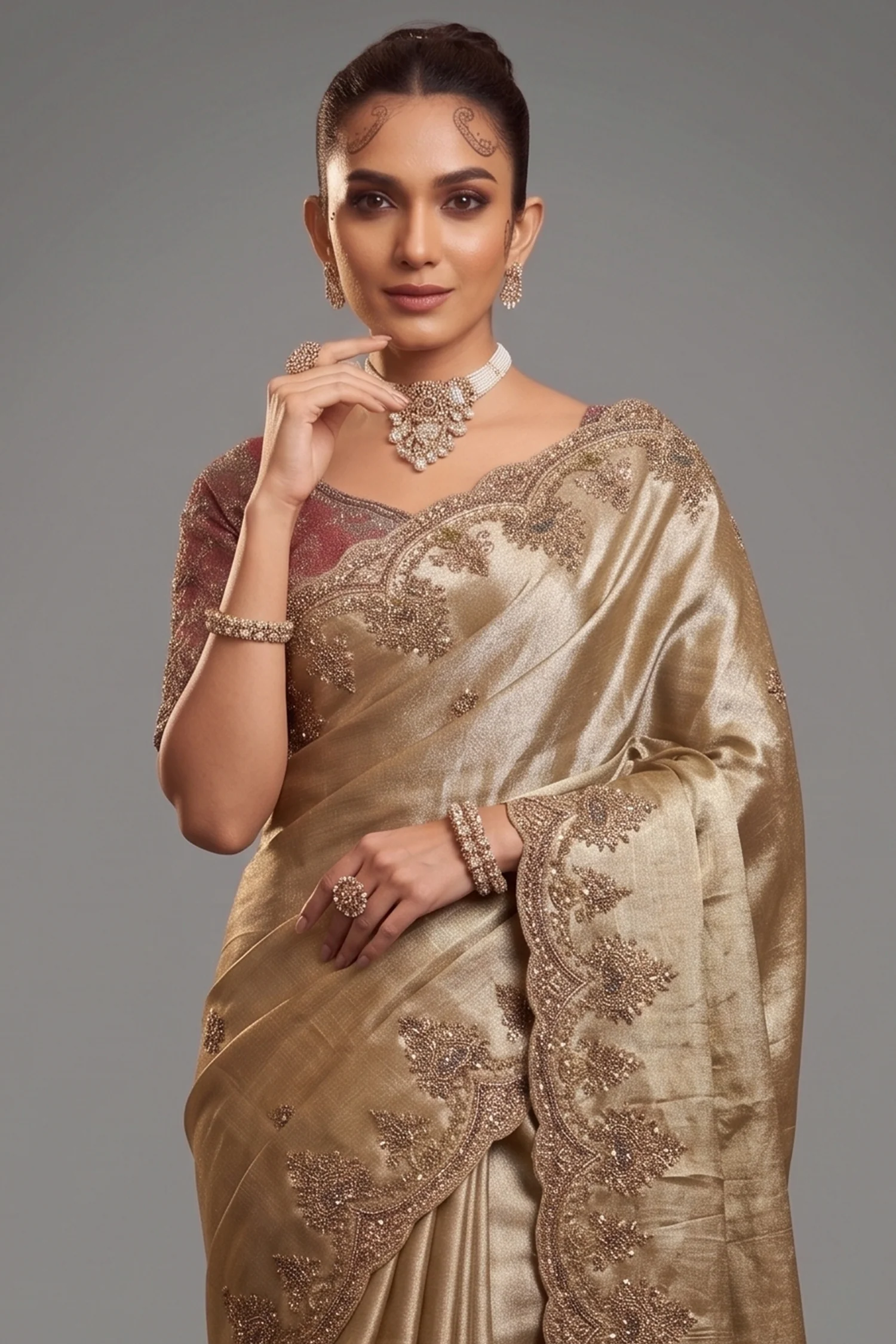 Golden Silk Woven Saree with Embroidery - Image 2