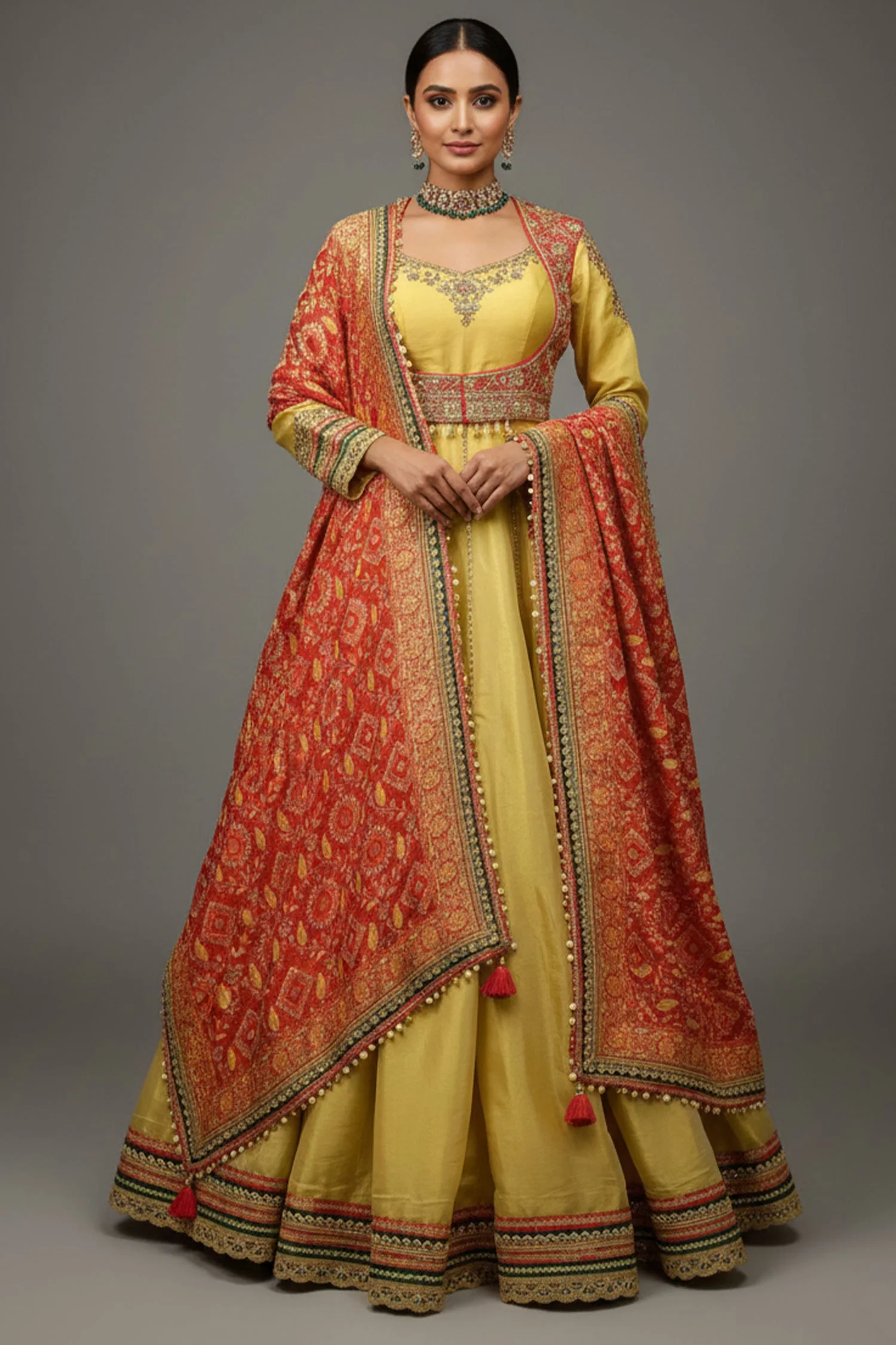 Golden Tissue Designer Anarkali Suit with Bandhej Dupatta