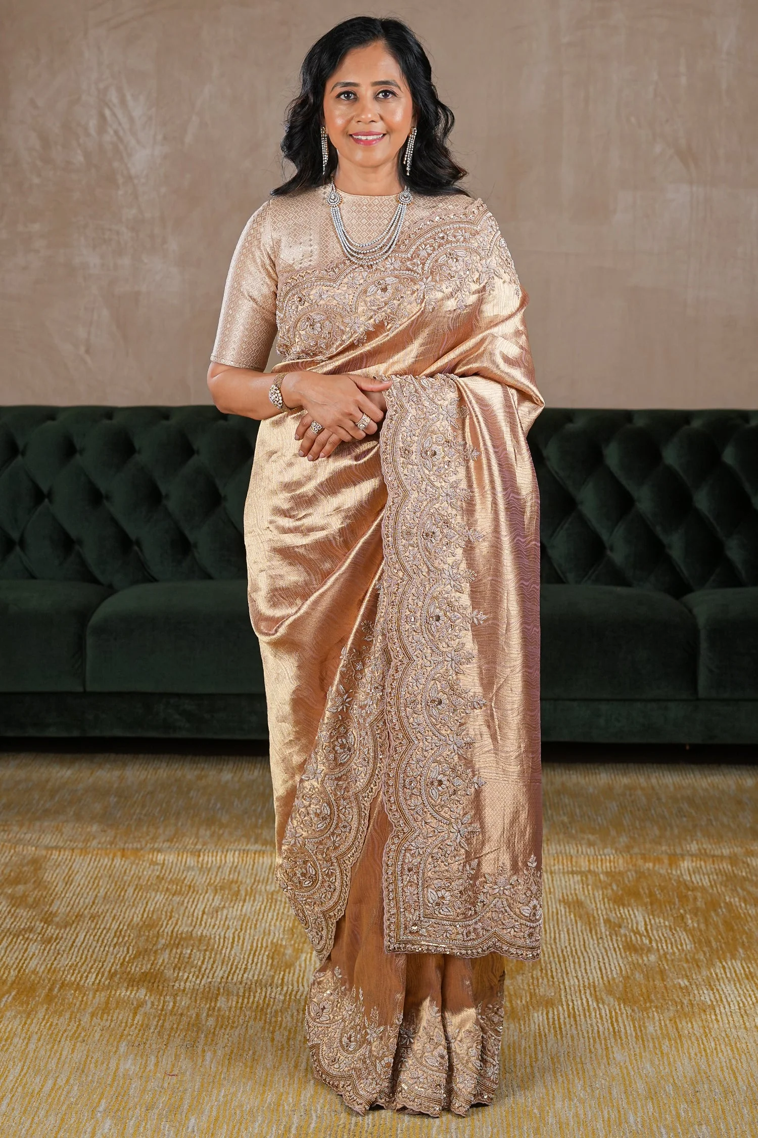 Golden Tissue Designer Saree with Handworked Scallop Border - Image 2