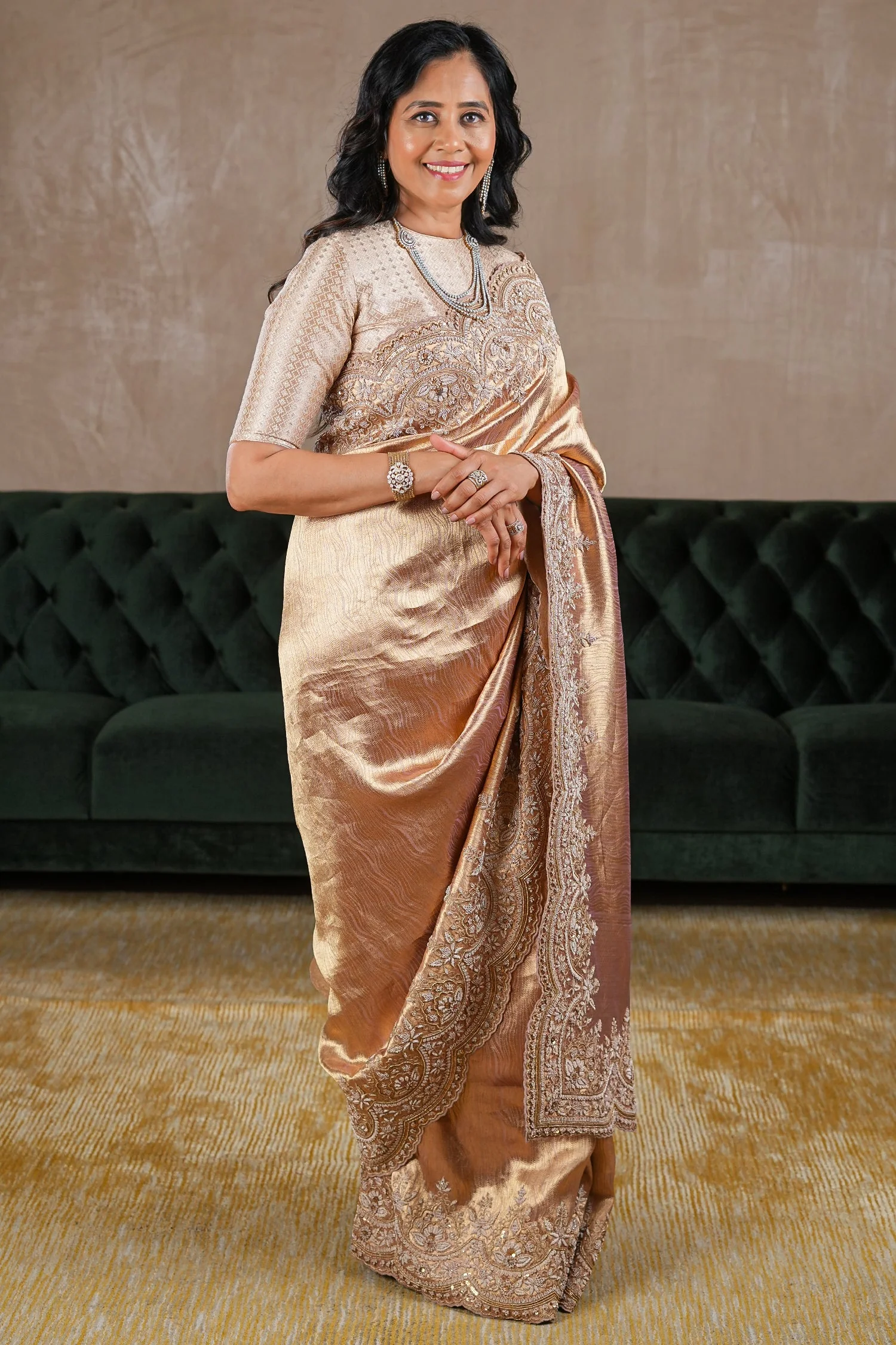 Golden Tissue Designer Saree with Handworked Scallop Border - Image 3