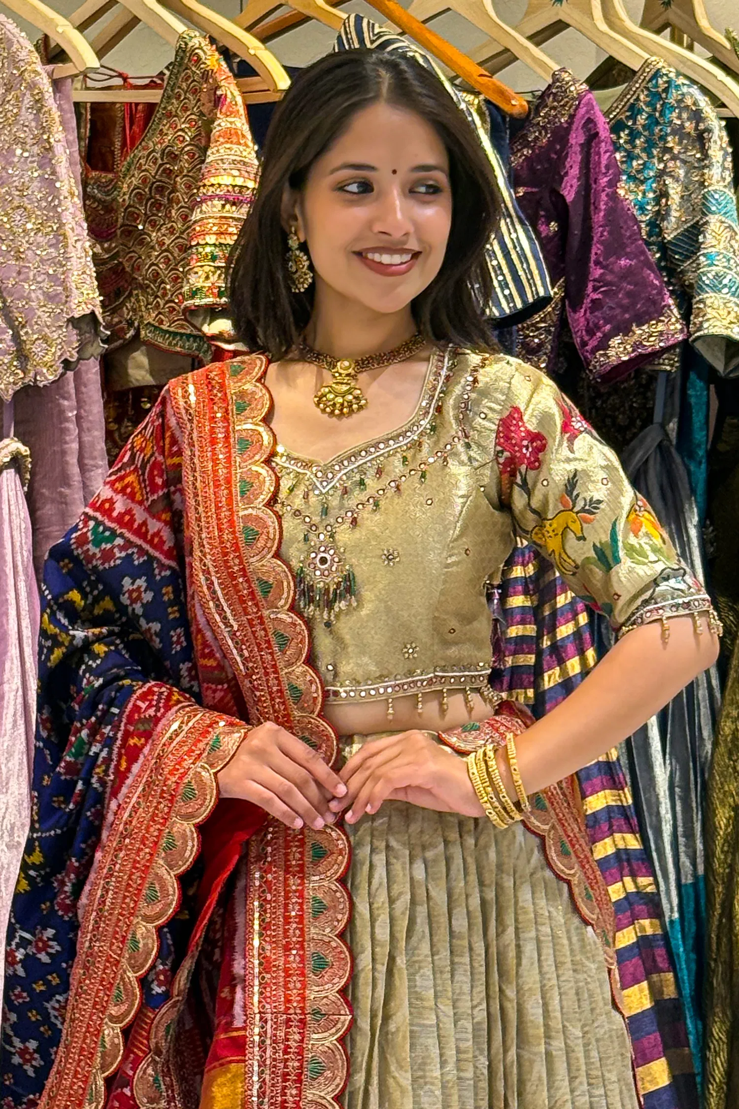 Golden Tissue Pleated Lehenga with Animal and Bird Motif Lehenga with Patola Dupatta - Image 2